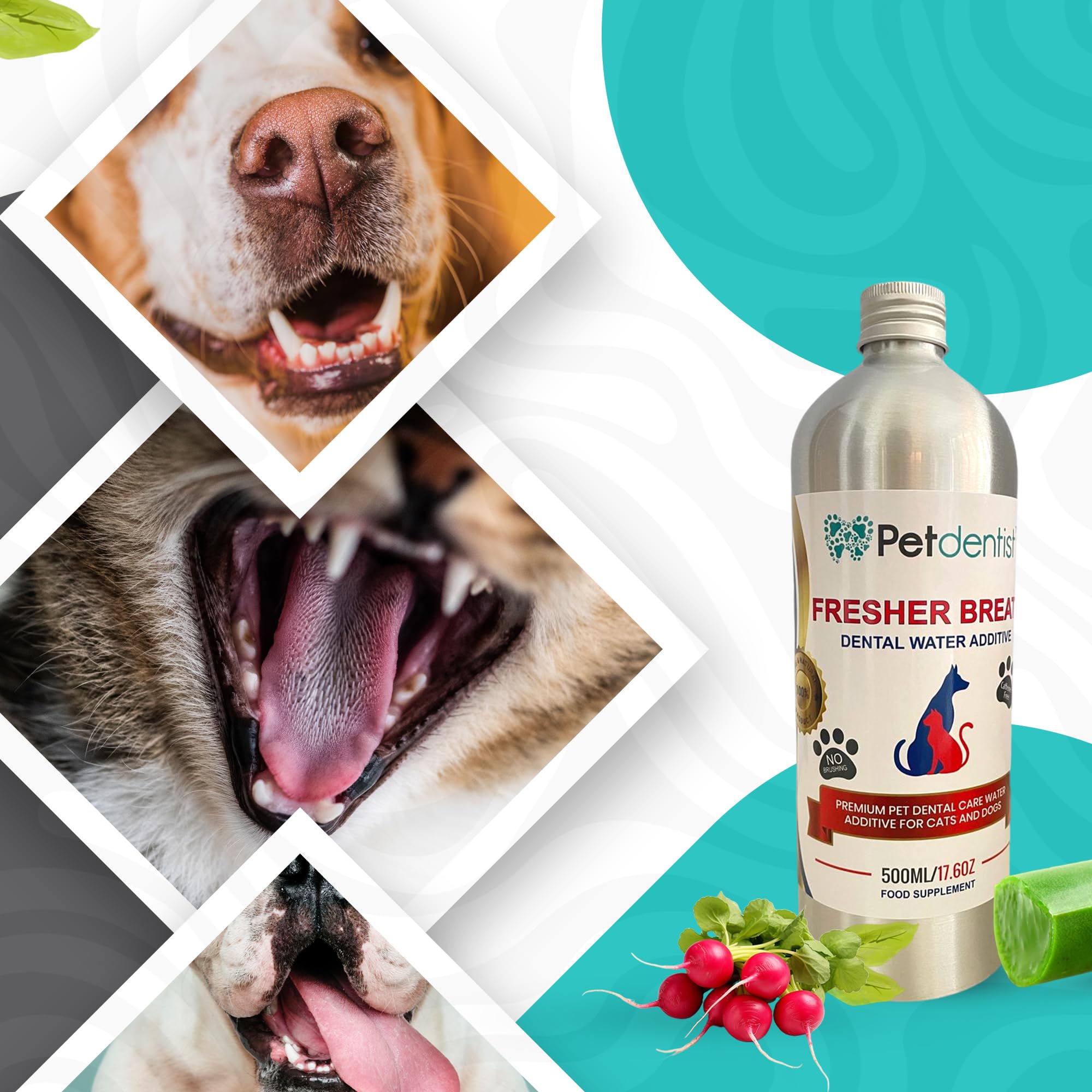 Cuidado Dental para Perros Aliento Fresco Aditivo de Agua Removedor de tártaro para Perros Limpieza del ambientador Oral Producto para encías Gingivitis y Mala respiración de Gato - 500ml