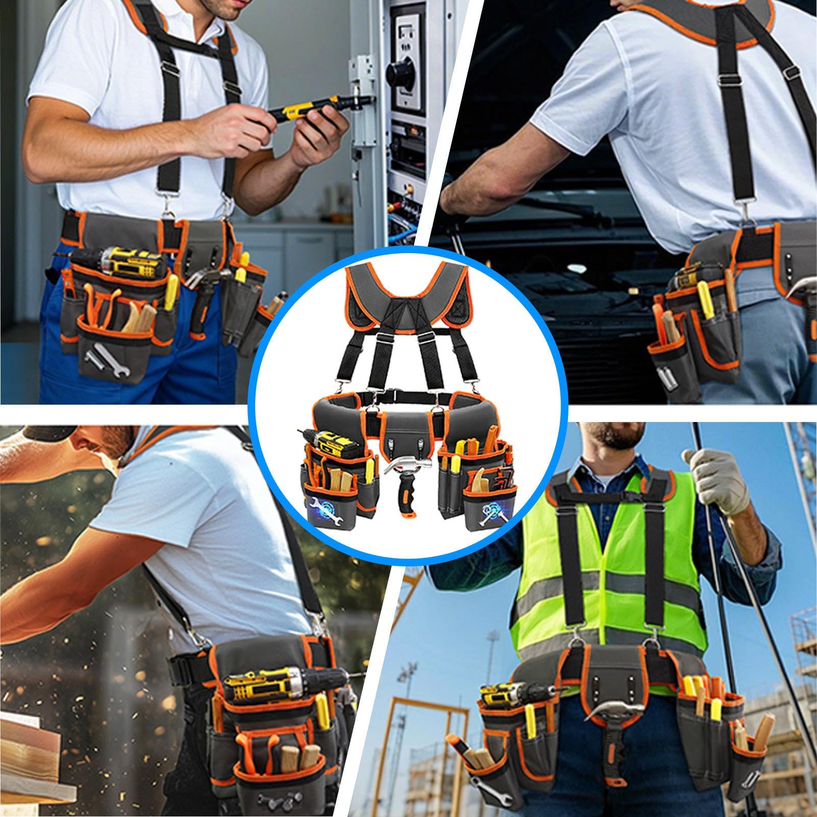 Cintura porta attrezzi - Rimovibile con 2 tasche magnetiche, cintura multiuso per utensili da 18 tasche - Per falegnameria idraulica costruzione costruzione copertura tetto giardinaggio