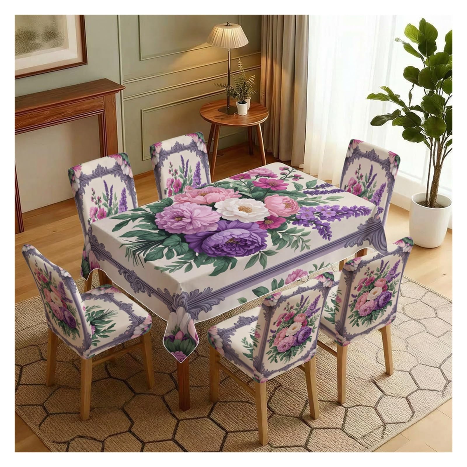 KXUAUV Vintage Floral Print Tablecloth & Chair Covers Set, Stretch Slipcovers For Wedding, Tea Party & Cottage Dining Decor, 5/7 Pack Party Decor(7pcs Set: Tablecloth+Chair Covers)
