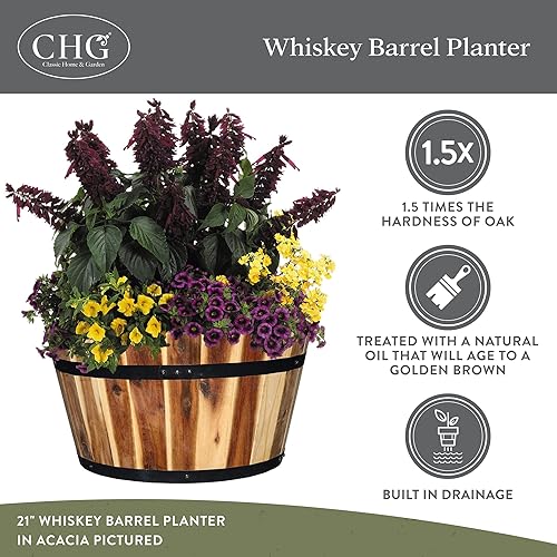 Miniatura 4 de Classic Home & Garden Macetero de barril de whisky de 21", acacia