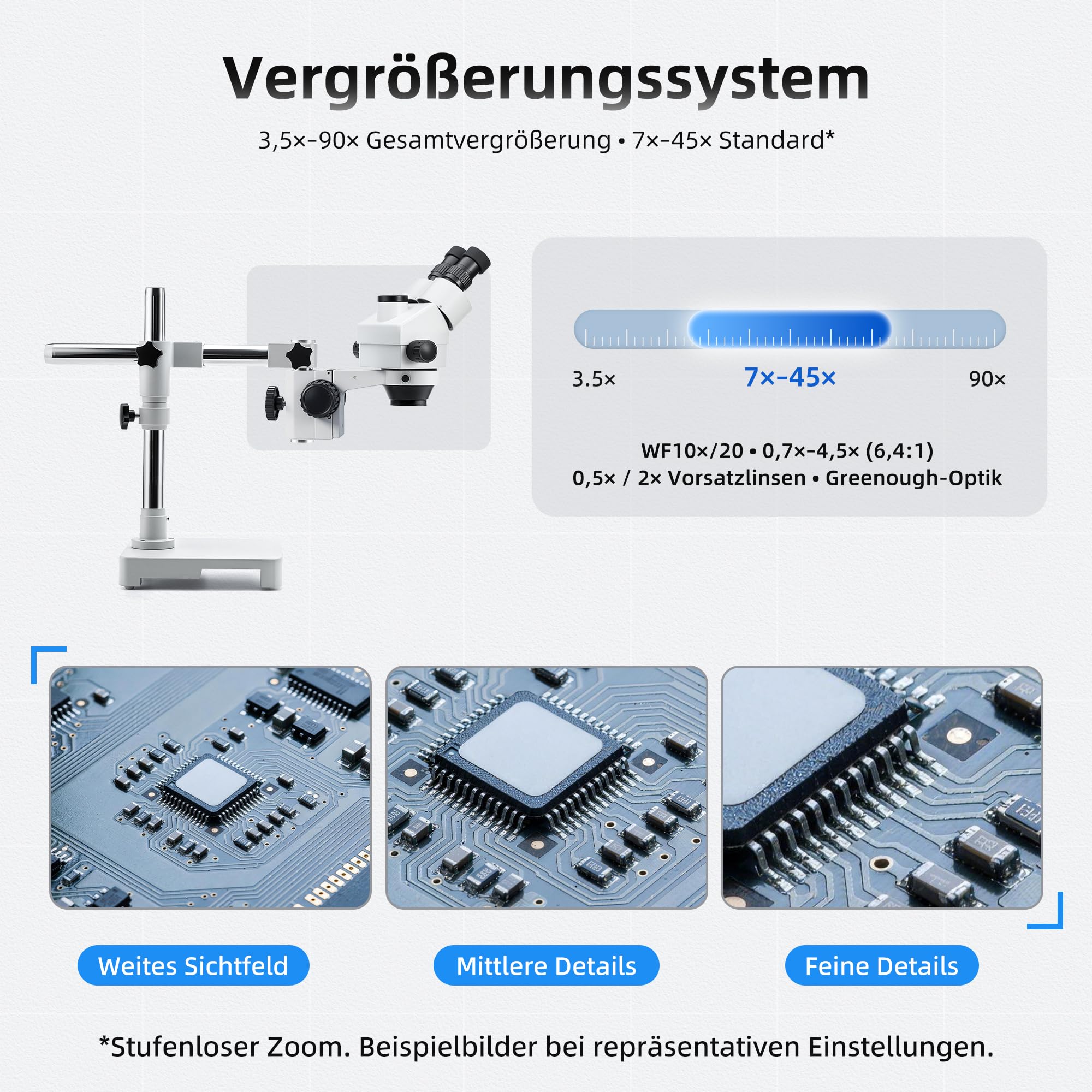 SWIFT S7-TS520-EA10-144 trinokulares Stereo-Zoommikroskop (Greenough) 3,5–90×, stufenloser Zoom 0,7–4,5×, Boom-Stativ, 144-LED Ringlicht dimmbar, φ23,2mm Kameraadapter