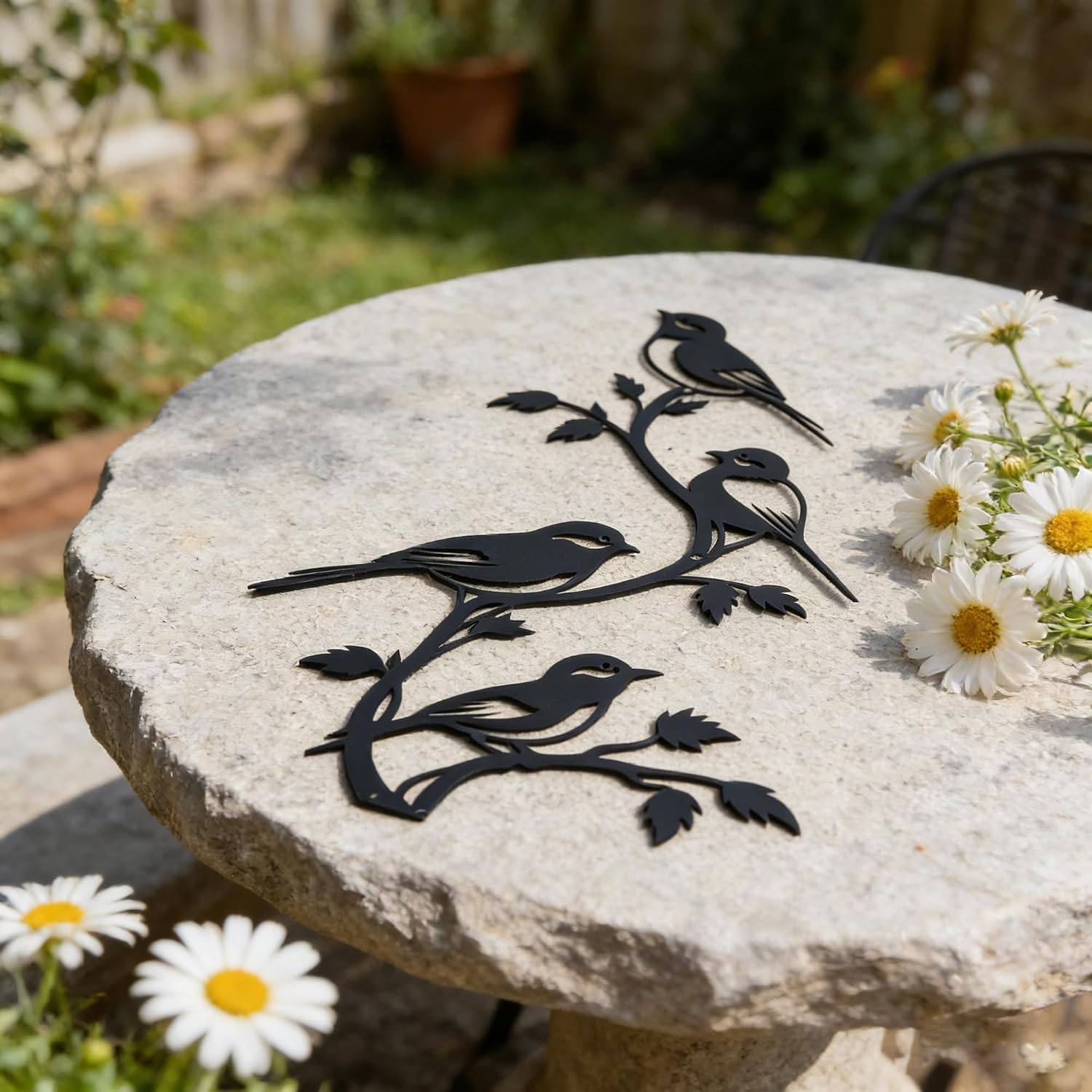 Black Metal Bird Wall Decor - 4 Birds on Branch Silhouette Wall Art