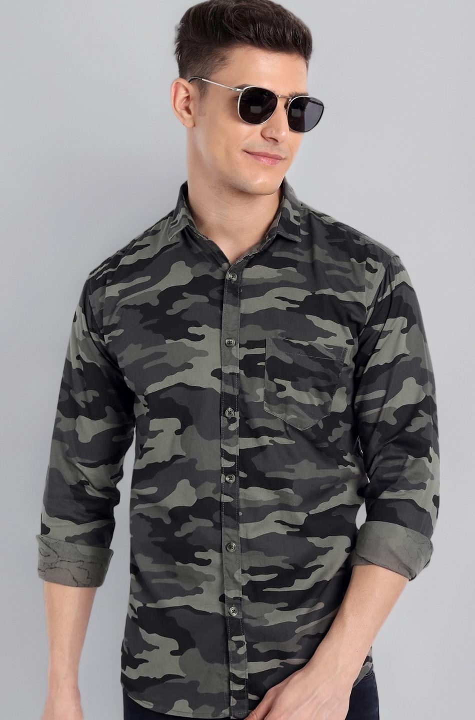 Slim Fit Cotton Camouflage Army Military Print Shirt for Men