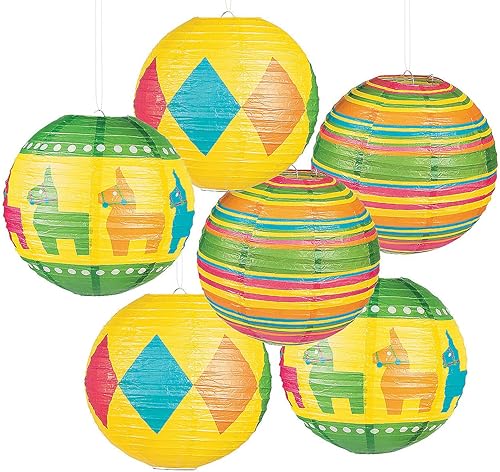 Fun Express Fiesta - Linternas de papel colgantes – Juego de 6 – Decoración colorida de fiesta del Cinco de Mayo – Faroles de 12 pulgadas para
