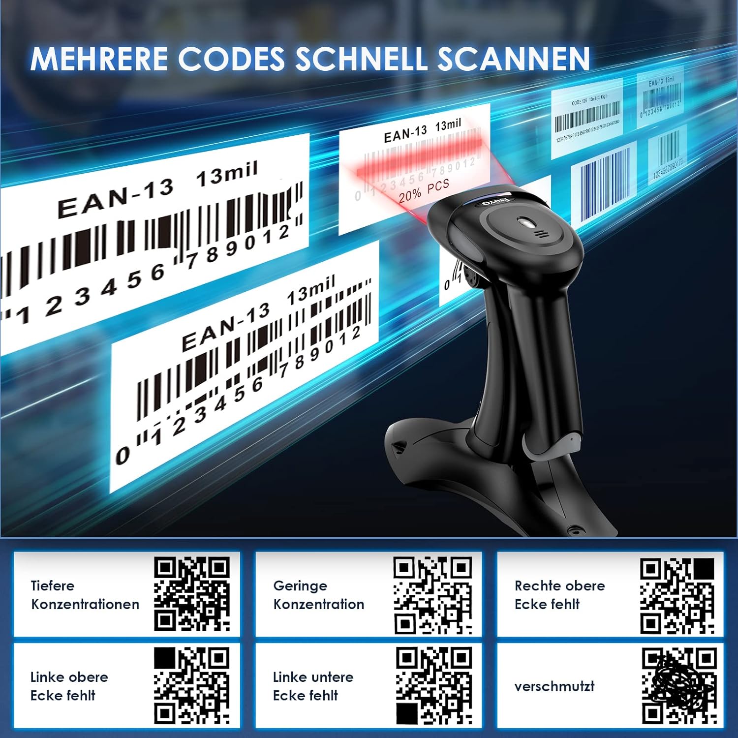 Illustration of the scanner quickly reading multiple barcodes, including damaged or incomplete QR codes.