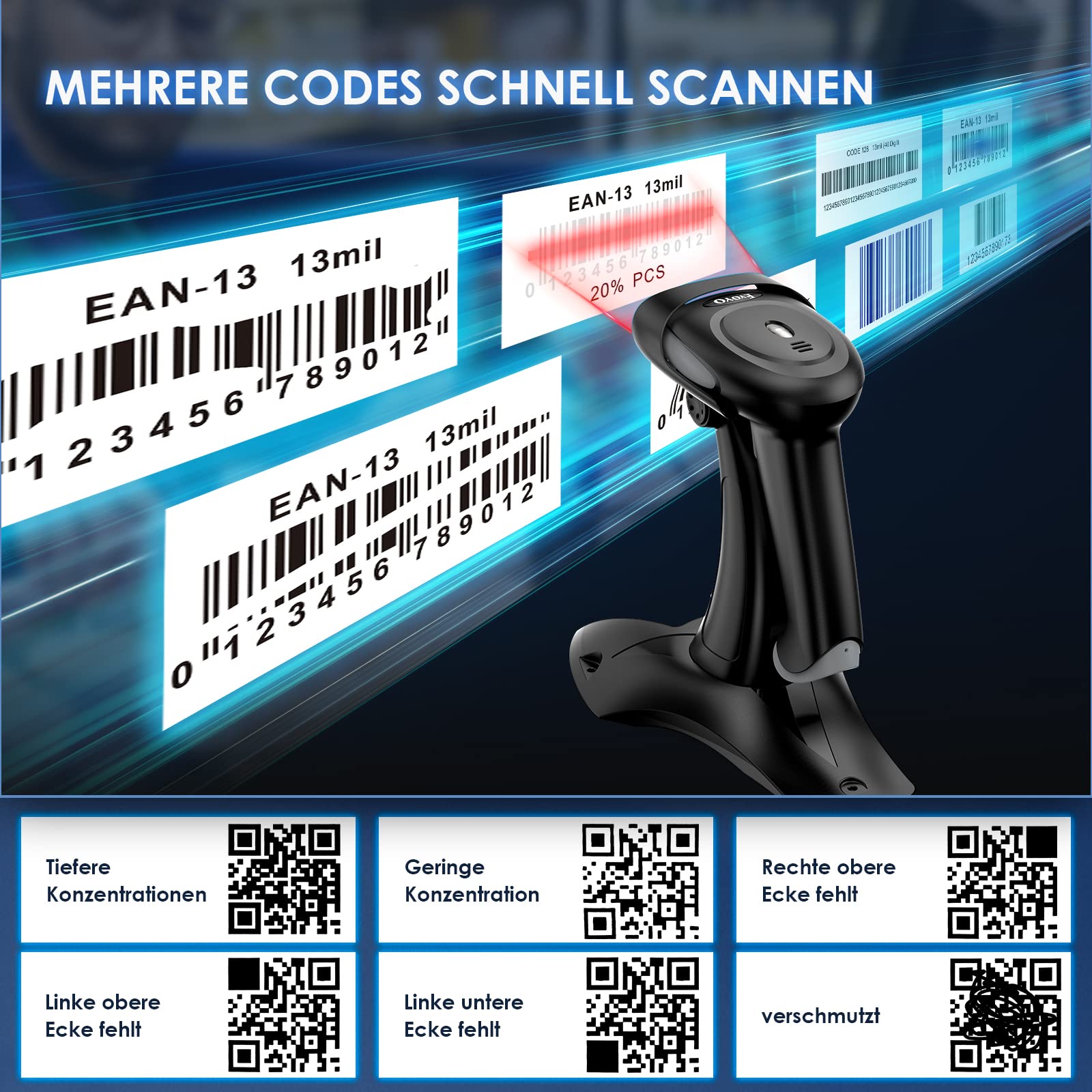 Eyoyo Barcode Scanner 1D 2D QR Handheld, Scanner 3 in 1 Connection Type Bluetooth 2.4G Wireless USB Cable, Barcode Reader,Compatible with Windows, Android, iOS, Tablets or Computer (EY-034 with Stand)