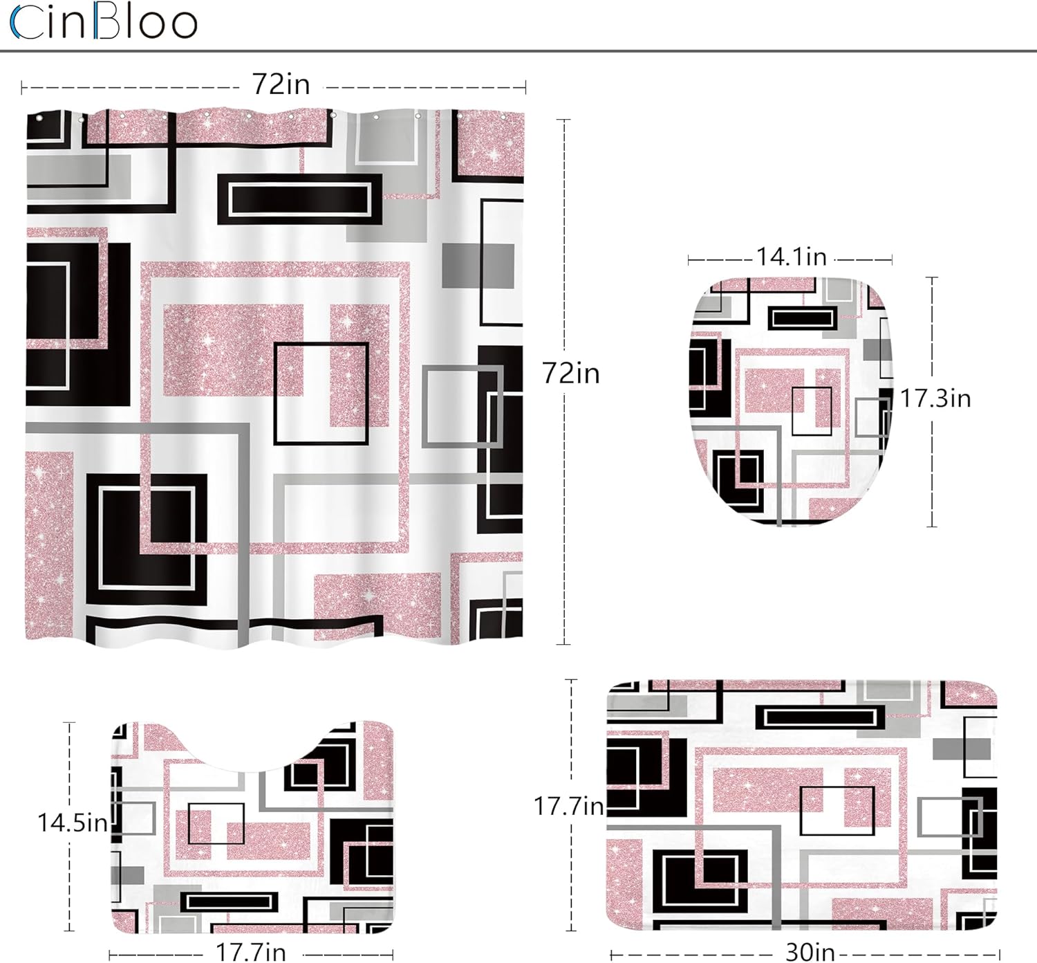Cinbloo 4Pcs Abstract Black Pink Geometric Shower Curtain Set, Girls Girly Simple Minimalist Modern Women Gray Grey Bathroom Curtain with Rug Toilet Lid Cover Bath Mat with 12 Plastic Hooks