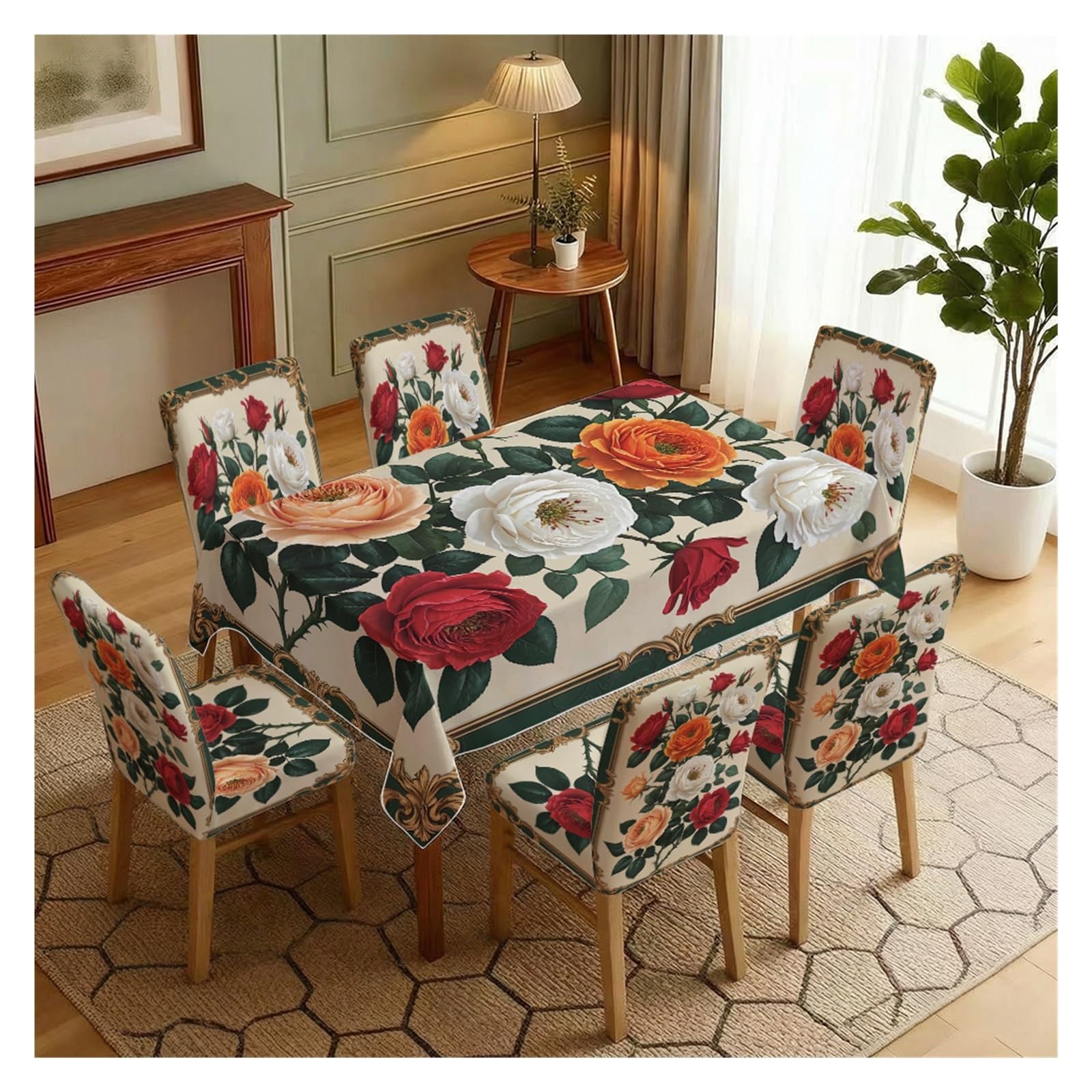 Nappe et housses de chaise de fête à motif floral rétro pour décoration de table cuisine