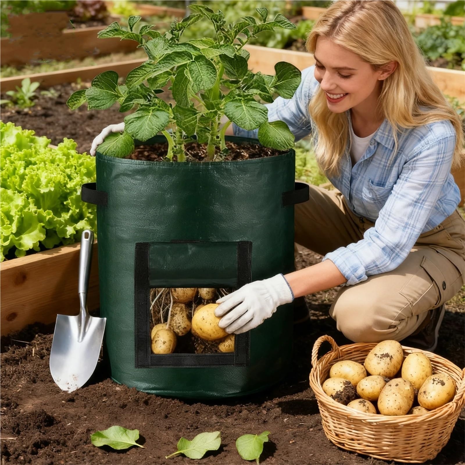 3 Sacs de Culture légumes 1/5/7/10 gallons, Pots Plantes en matériau PE for Pommes Terre, Carottes, conteneurs Jardinage Robustes avec poignées pour Plantes(10 Gallon-35x50cm)