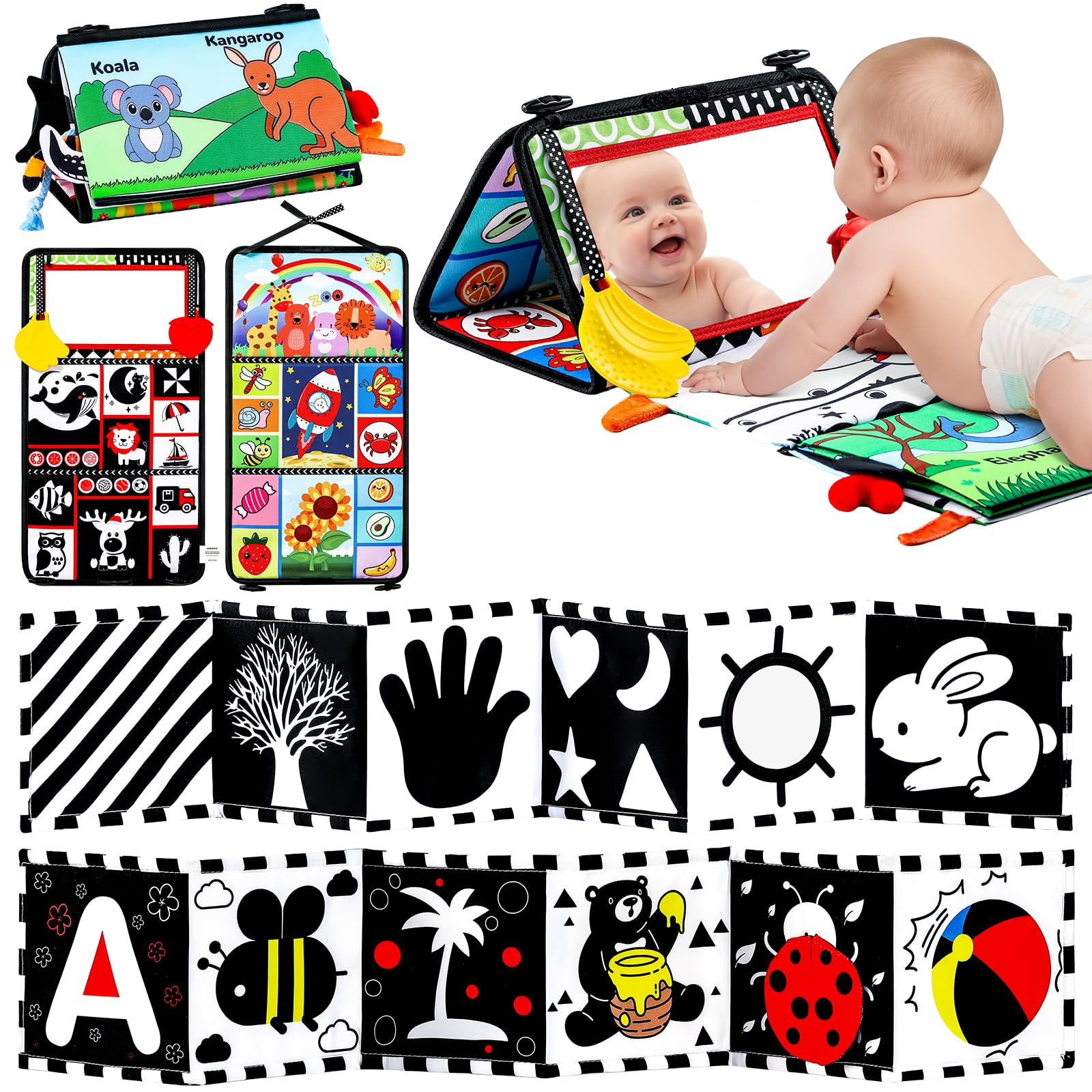 3 piezas de juguetes para bebés en blanco y negro de alto contraste, espejo para el tiempo boca abajo, juguetes infantiles con tela arrugada y mordedor, libros sensoriales de estimulación visual para