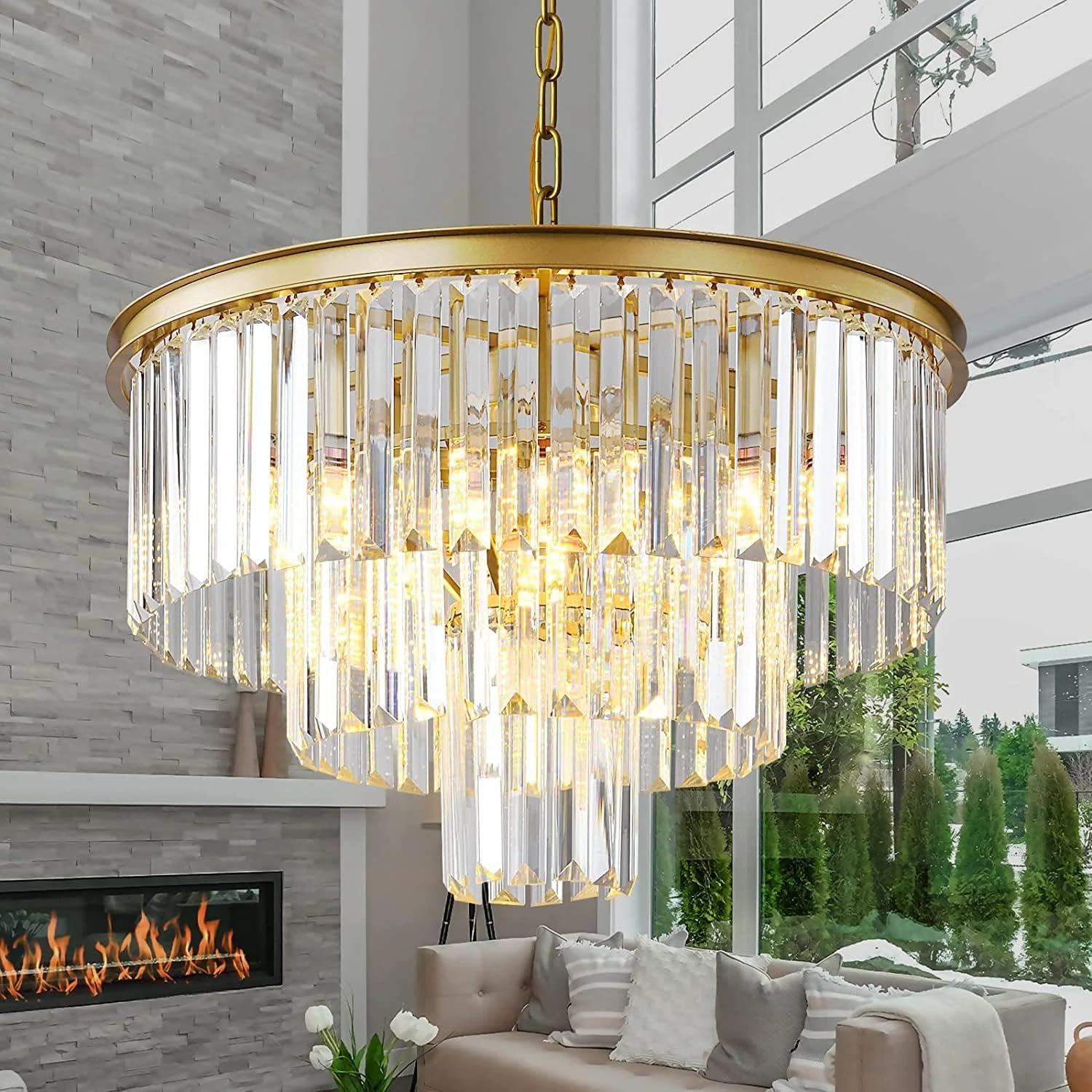 MOSSODOR Modern Crystal Gold and Smoky Grey E14 Bulb Based Chandelier Ceiling Light Pendant Light Lampshade-Dining Room Lights