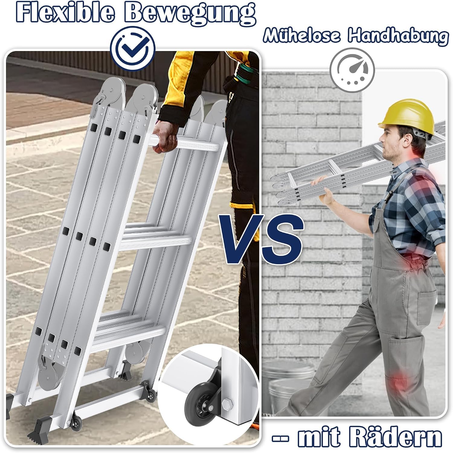 NAIZY Aluminiowa drabina wielofunkcyjna 550 cm, 6 w 1, składana drabina z 2 rolkami i platformą, 4 x 5 srebrna, składana drabina wielofunkcyjna, do 150 kg