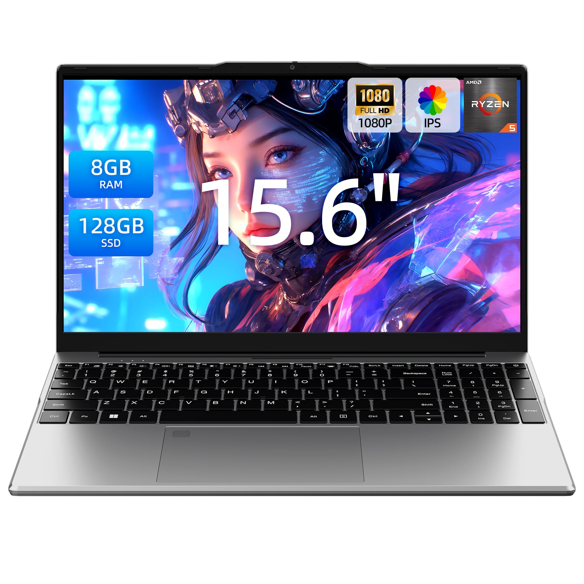 Aurant 15.6 Inch Laptops, AMD Ryzen R5, 8GB RAM, 128GB SSD, Win11 Home | Backlit Keyboard, FHD IPS Display, 180° Lay-Flat, Supports 1TB TF Card, Thin & Lightweight Laptops Computer