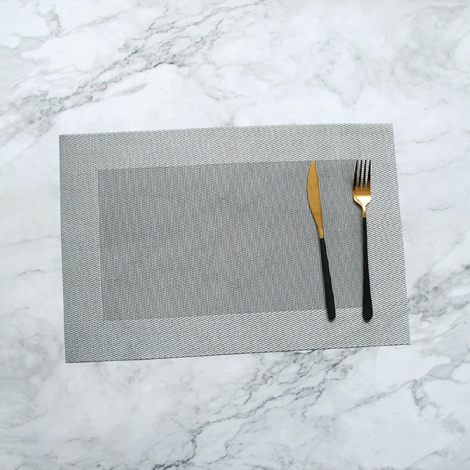 KnSam Juego de 6 manteles individuales navideños cuadrados de 30 x 45 cm, 70 % vinilo y 30 % poliéster, lavable, tejido natural, diseño geométrico de rejilla, mantel de Navidad, color plateado y gris