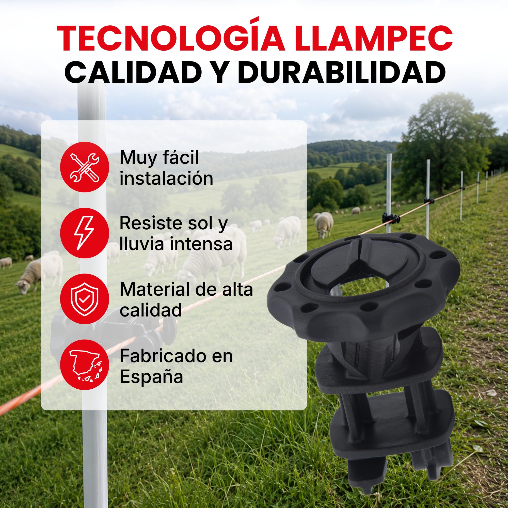 Llampec Aisladores para Pastor Eléctrico N°27 – Pack 500 Unidades - Aislador Roscado para Varilla de Fibra o Metal (6–14 mm) - Polipropileno Resistente a UV - Para Hilo o Cuerda Eléctrica