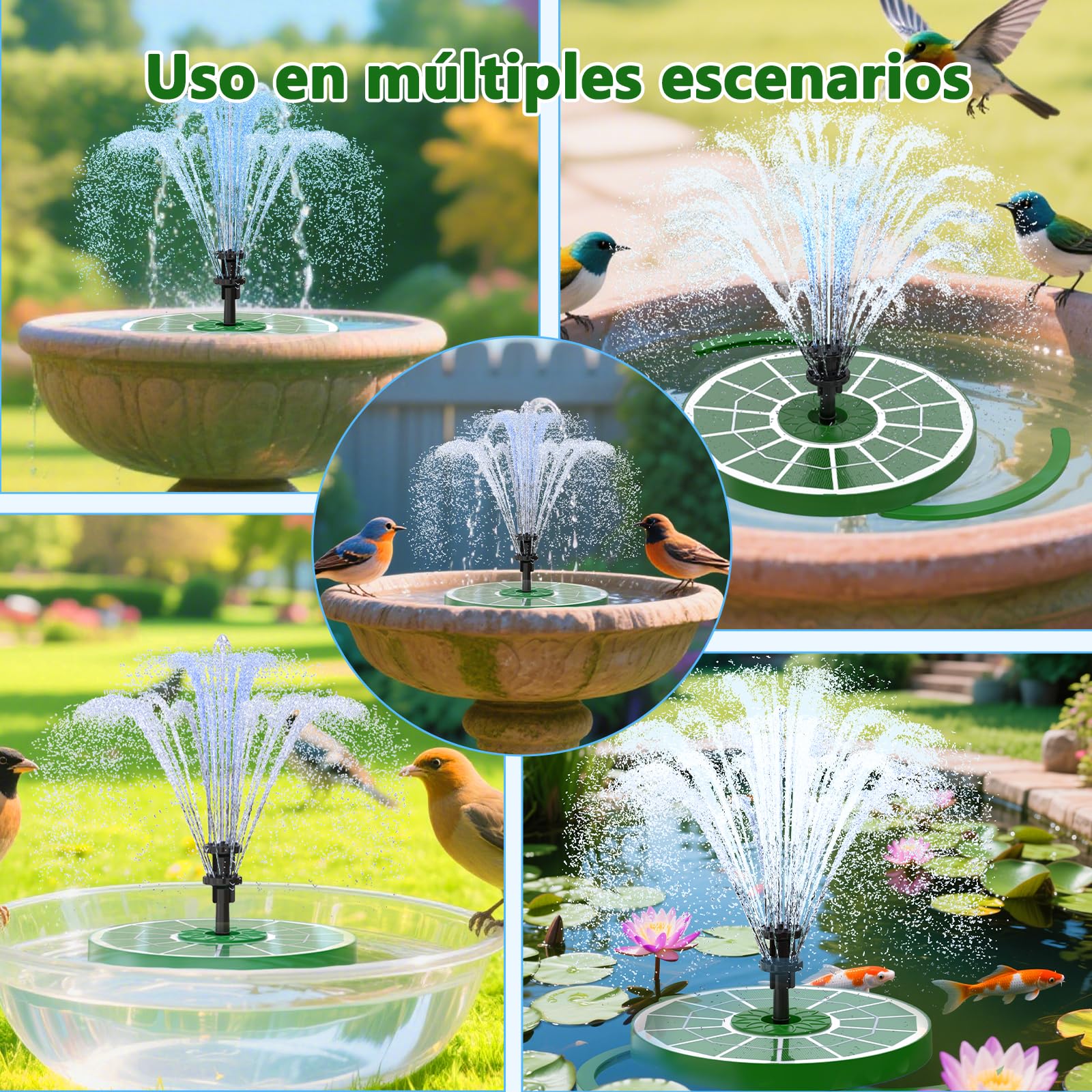 AISITIN Fuente Solar Jardin Exterior, Fuente Jardin con Múltiples Boquillas y Soportes Fijos, Bomba de Agua Solar con Panel de Cristal Verde Oscuro para Estanque, Piscina,Baño de Pájaros