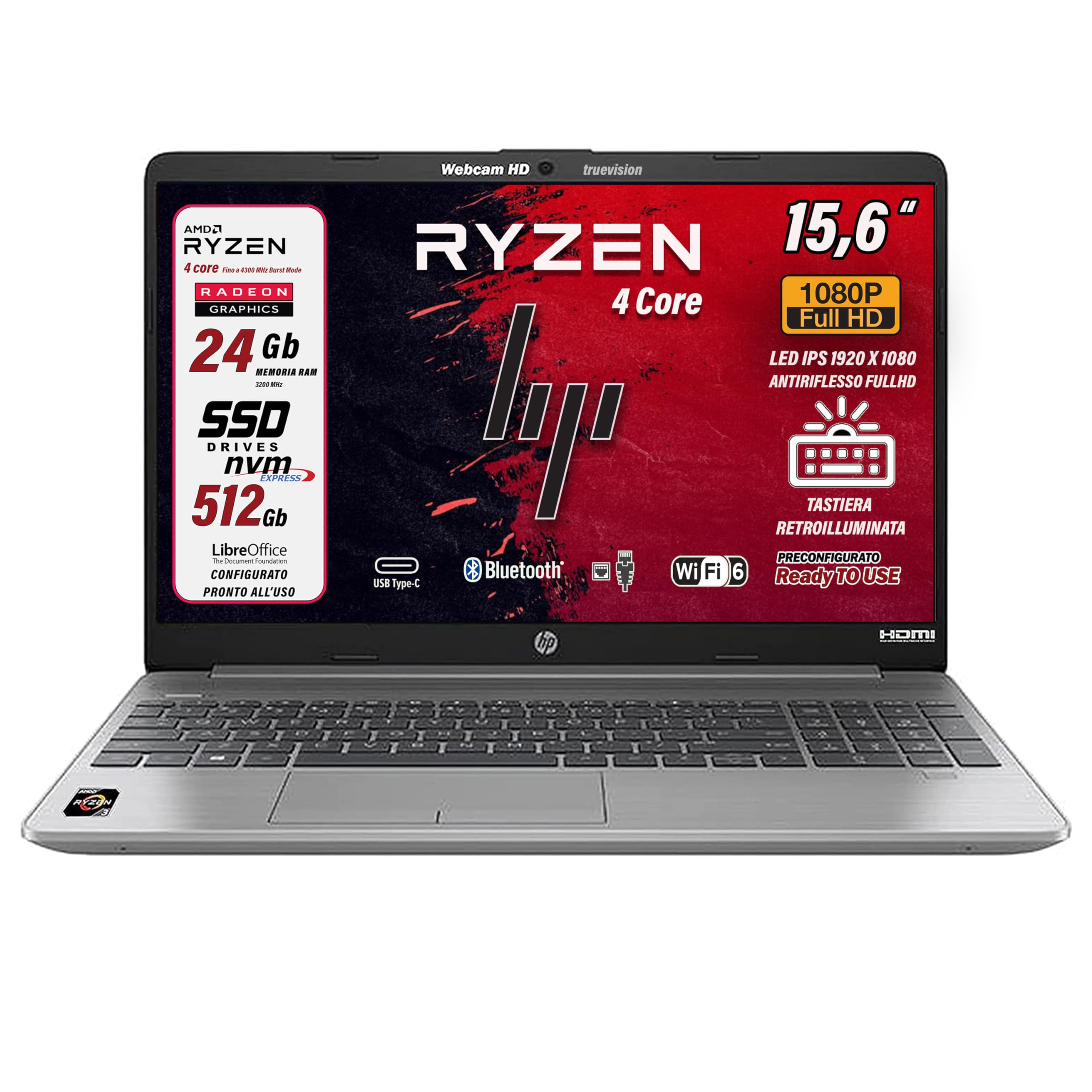 HP 255 G9 notebook portatile, 24 gb ddr4, SSD da 512 Gb display FHD 15.6", cpu Ryzen 3 5425 4 Core, Tastiera retroilluminata, Wi-fi 6, 3 usb, Win 11 Pro, libre office, pronto all'uso, garanzia italia