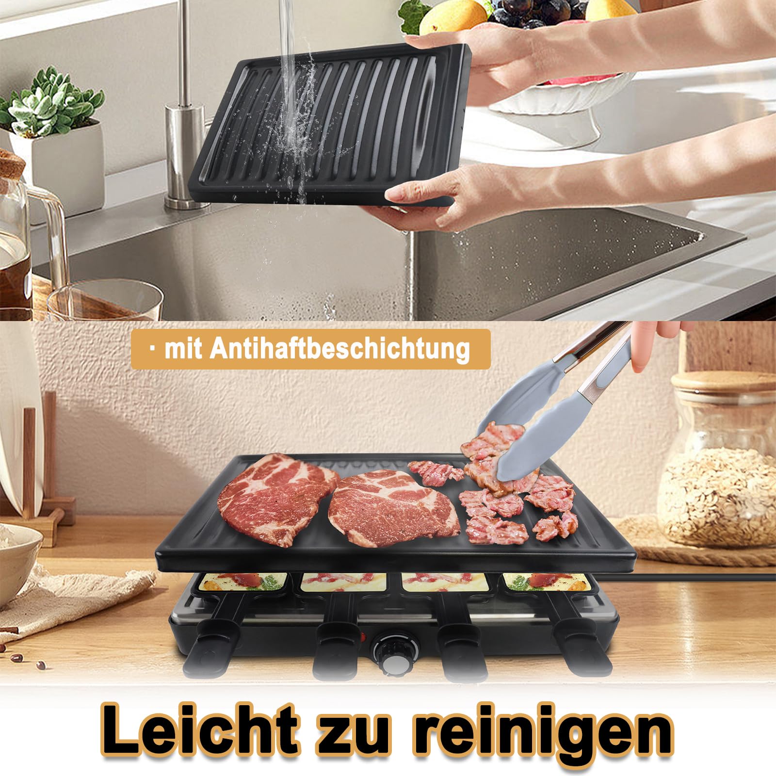 Raclette Grill Piastra elettrica 1400 W con pietra naturale antiaderente piastra 8 padelle e spatola di legno termostato continuo