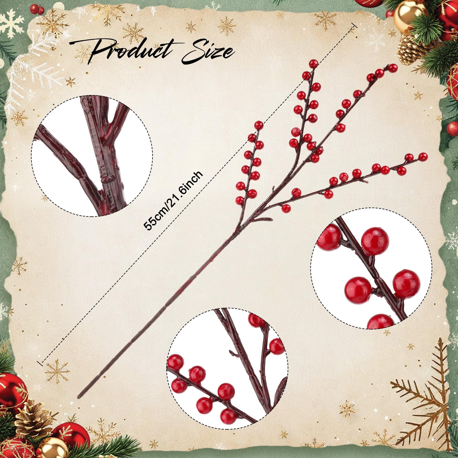 WILLBOND Künstliche rote Beerenstiele, 54 cm, rote Beeren, Stechpalmenbeerenzweige für Weihnachtsbaum, Neujahr, Dekoration, DIY Handwerk (Weinrot, 8 Stück)