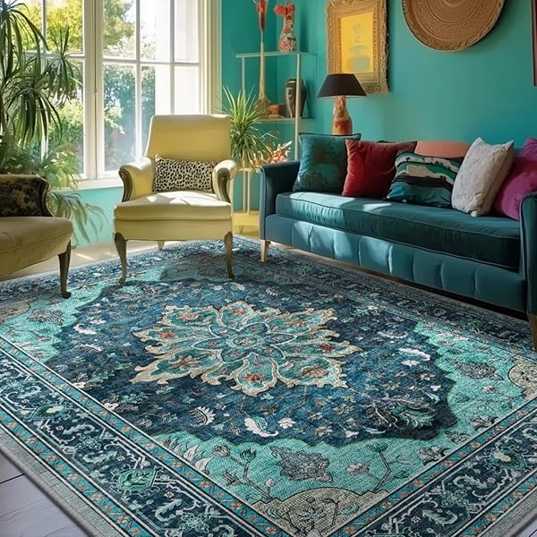 Boho Teal Floral Vintage Rug