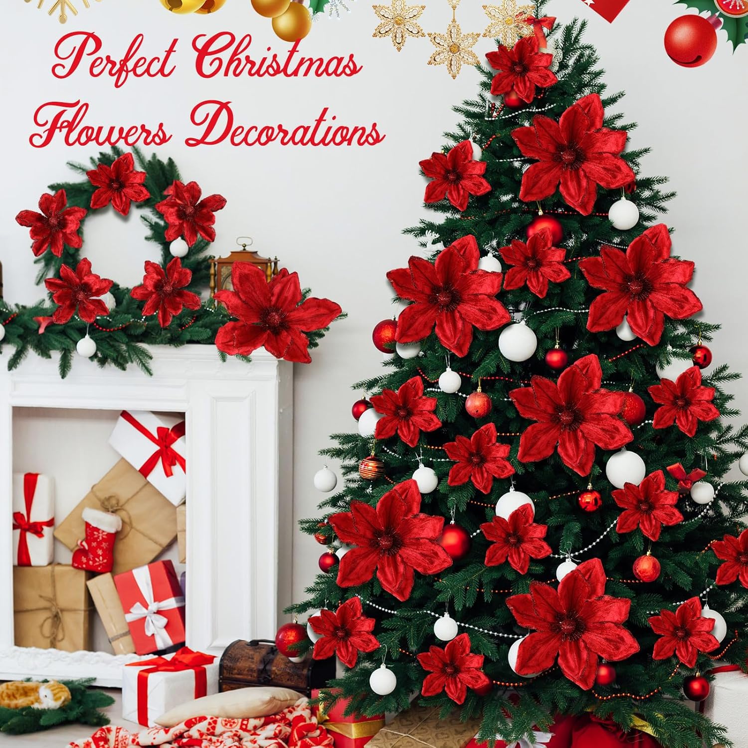 18 Pcs 12" 9.8" Large Poinsettia Flowers Artificial for Christmas Tree Glitter Poinsettias Picks with Stem Xmas Faux Silk Floral Ornaments for Santa Garland Home Decoration Party(Red)