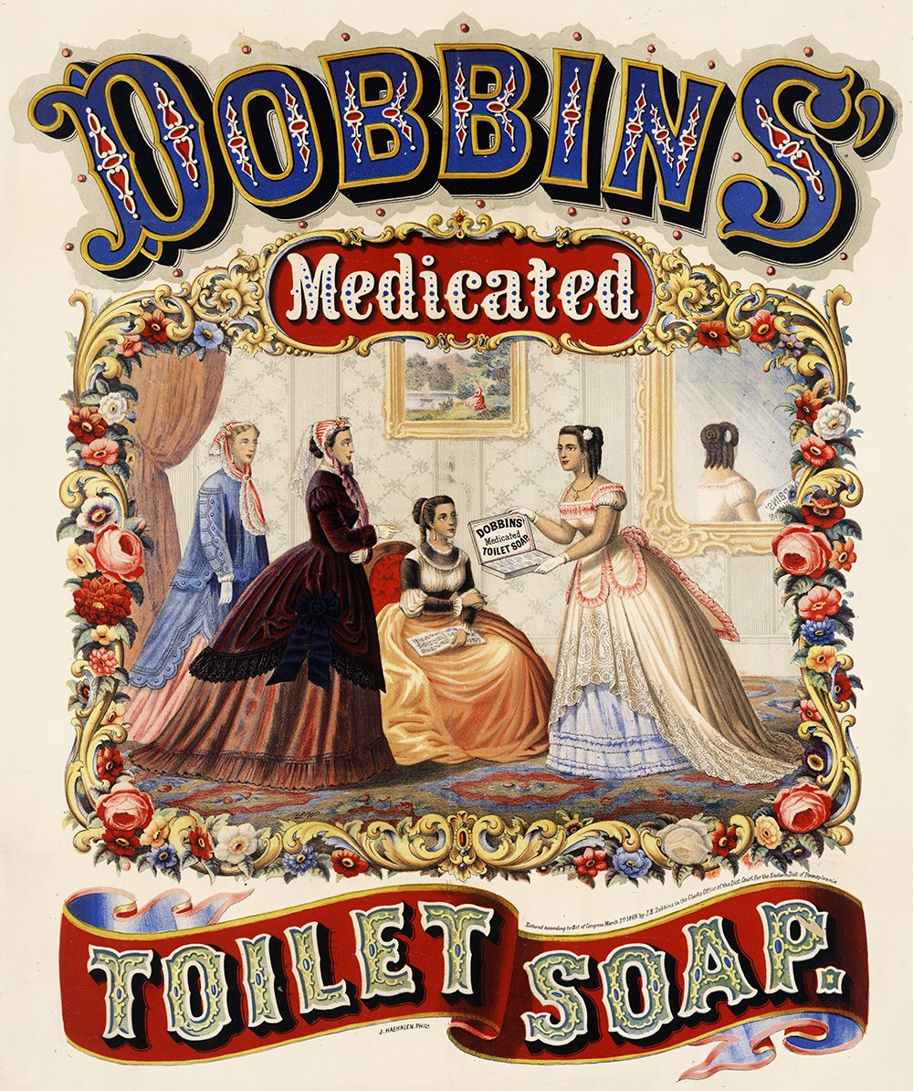 Affiche Dobbins' Medicated Toilet Soap 1869 grand format cadre marron