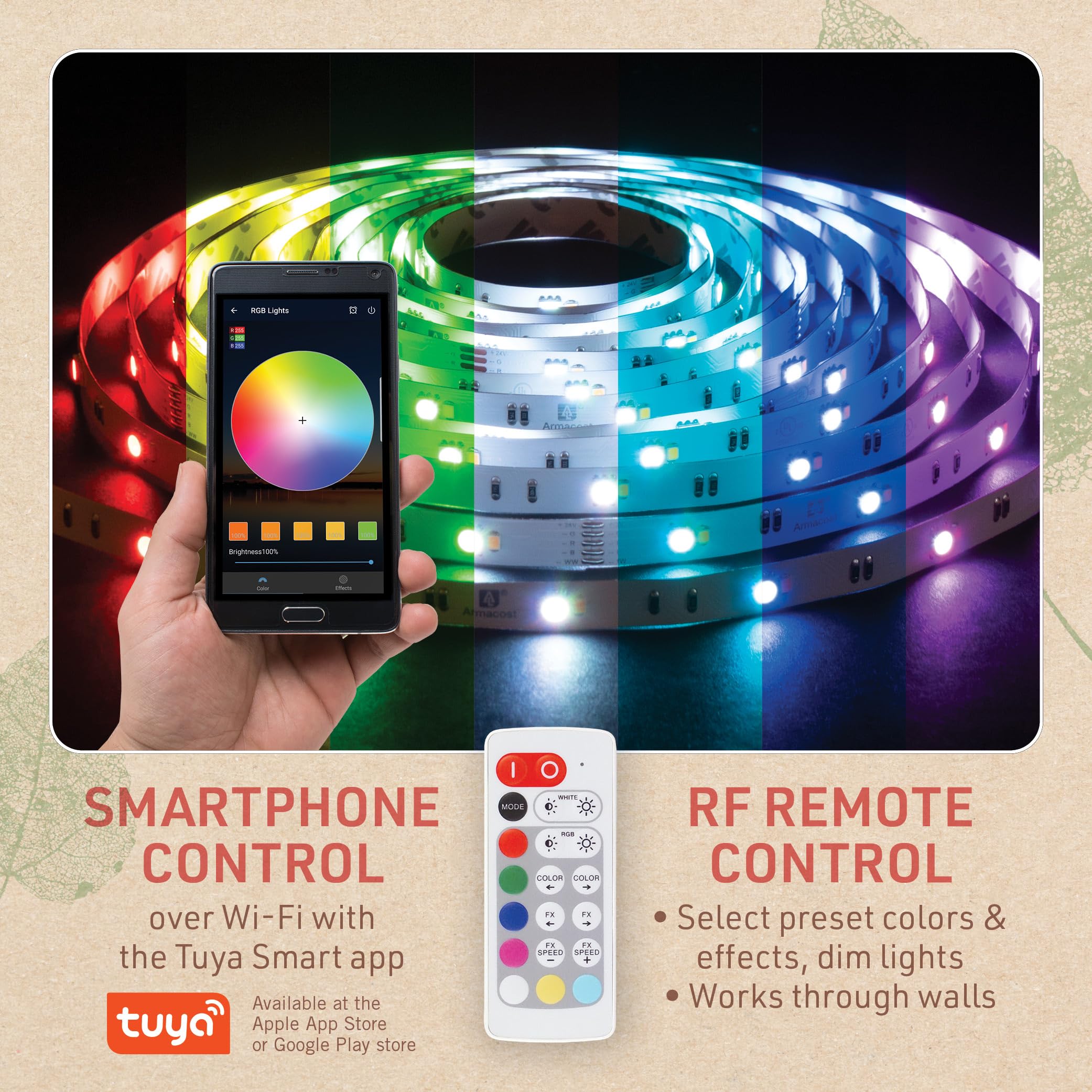 Birch Lighting Multicolor RGBW Smart LED Strip Light Kit, 16ft with Remote 351123