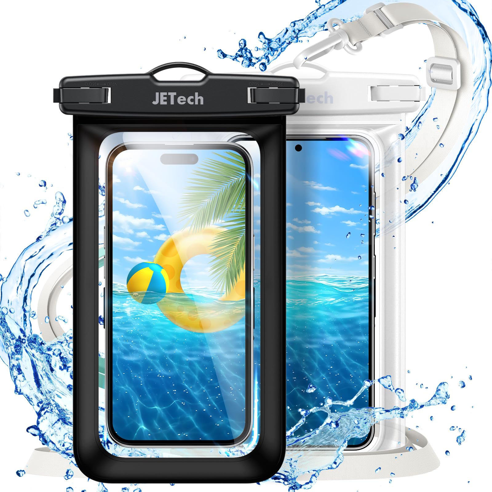 JETech Waterproof Phone Pouch, 2 Pack Water Proof Case for iPhone 17 16e 16 15 14 Air Pro Max Plus, Galaxy S25 S24 Ultra, Pixel 10 Series and Others up to 7.2 Inch, IPX8 Dry Bag (Black+Clear)