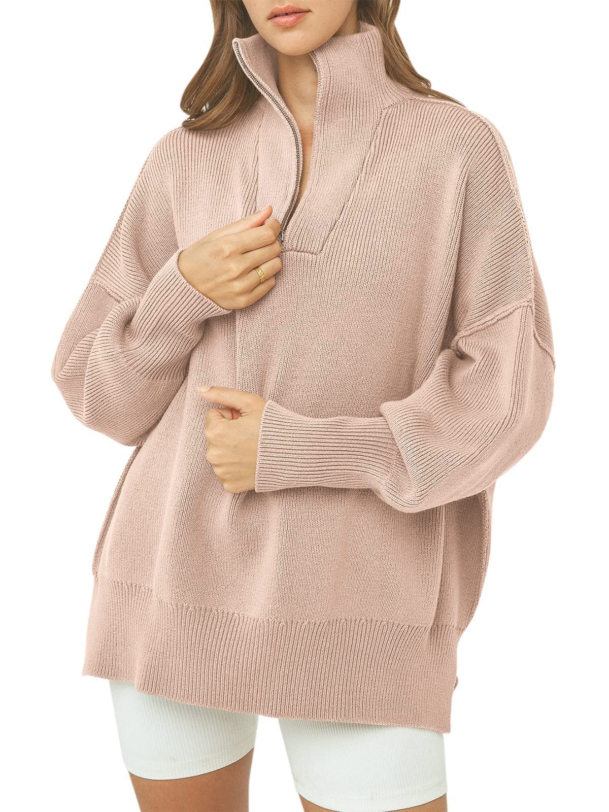 Suéter de Las Mujeres Slouchy Sudadera de Manga Larga suéter con Dobladillo Dividido y 1/4 de Cremallera de Cuello de caída del Hombro (Pink x)