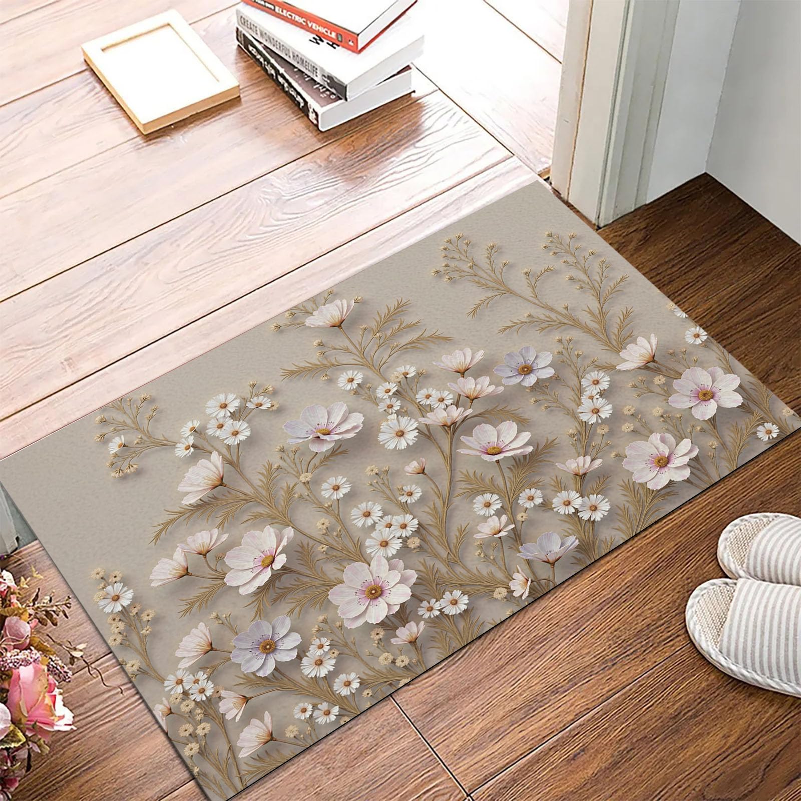 Paillasson Lavable Antidérapant à Relief Floral 3D Grand Tapis Entrée Beige