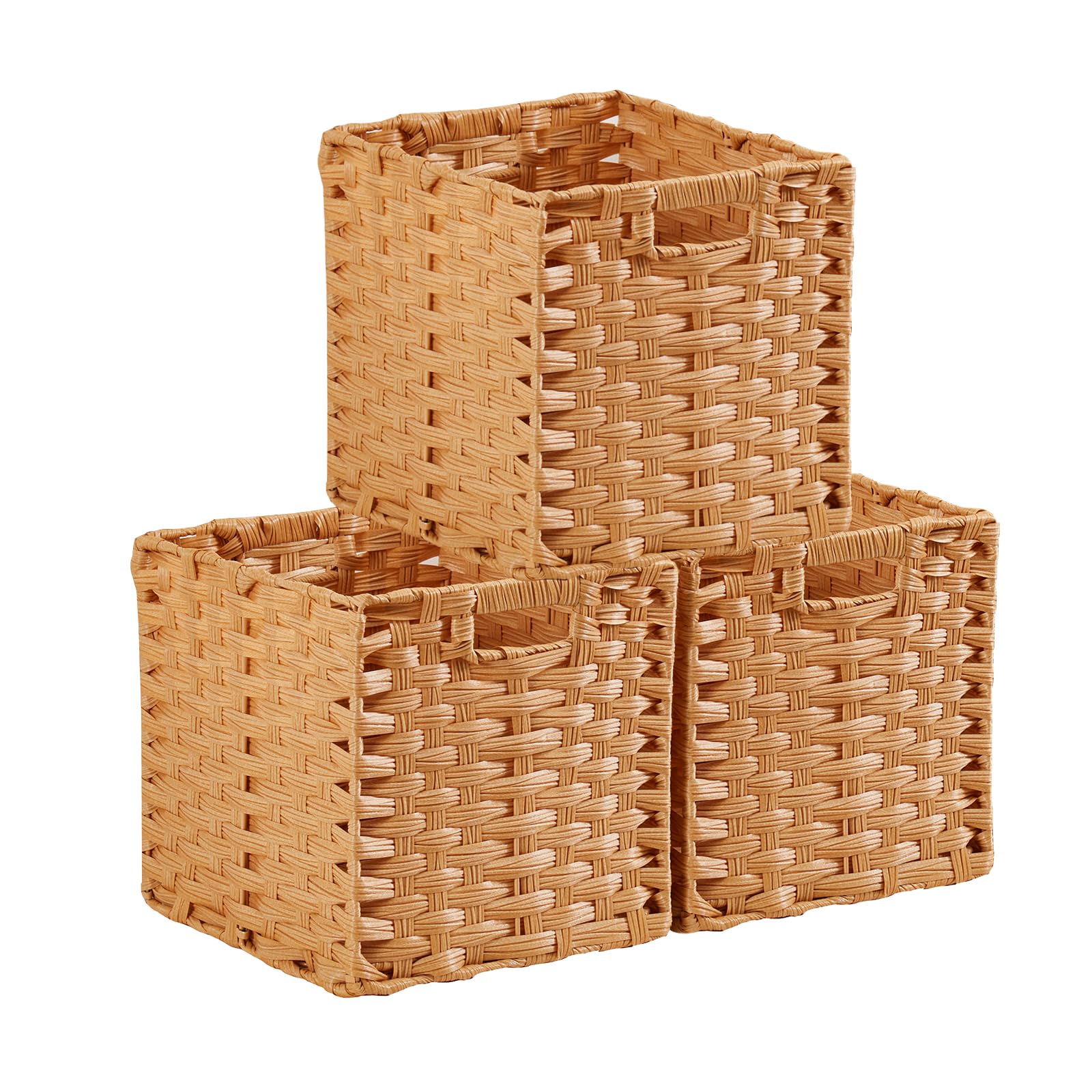 SOCOHOME Cube Storage Box,25x25x25cm Faux Rattan Storage Basket for Toy Clothes Shelf Nursery Closet Waterproof, Non-Mouldy(Beige, 3 Pack)