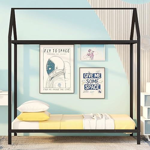 Miniatura 3 de CITYLIGHT Cama individual de metal para niños, cama Montessori individual con techo, marco de cama de suelo para niñas, muebles de dormitorio de