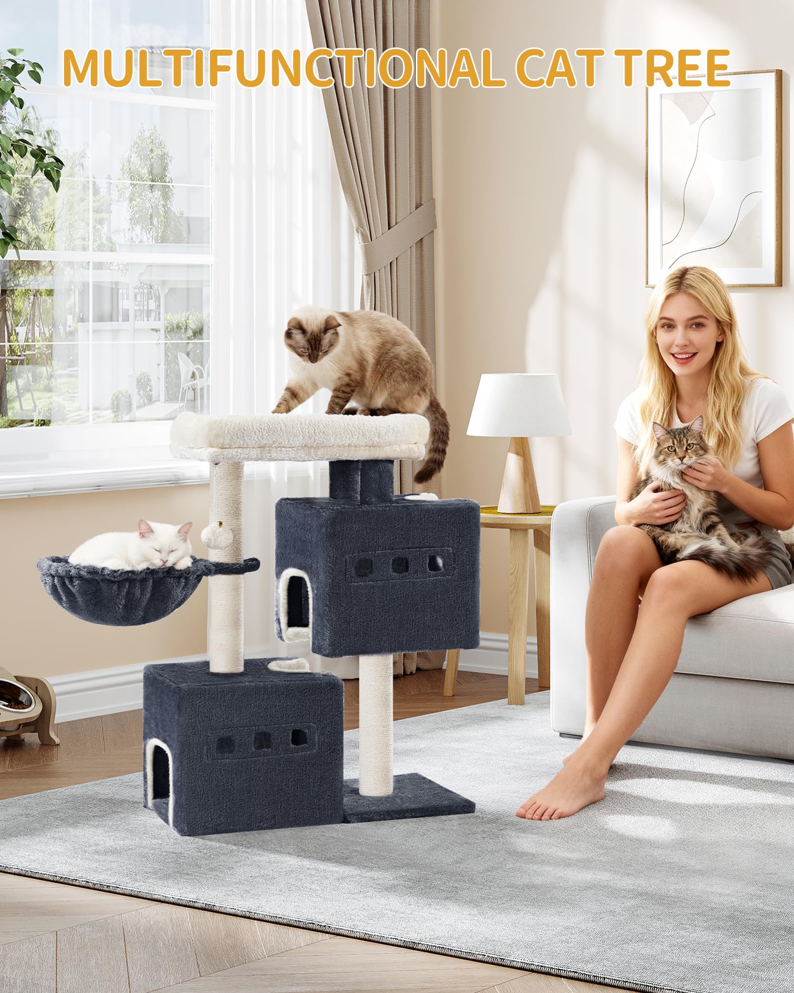 Hzuaneri 75 cm Árbol para Gatos, Árbol para Gatos, Poste rascador pequeño de Varios Niveles, con 4 Postes Rascadores, 2 Cuevas, Grandes Plataformas, Hamaca, Pompones, Gris Oscuro MS07618SG
