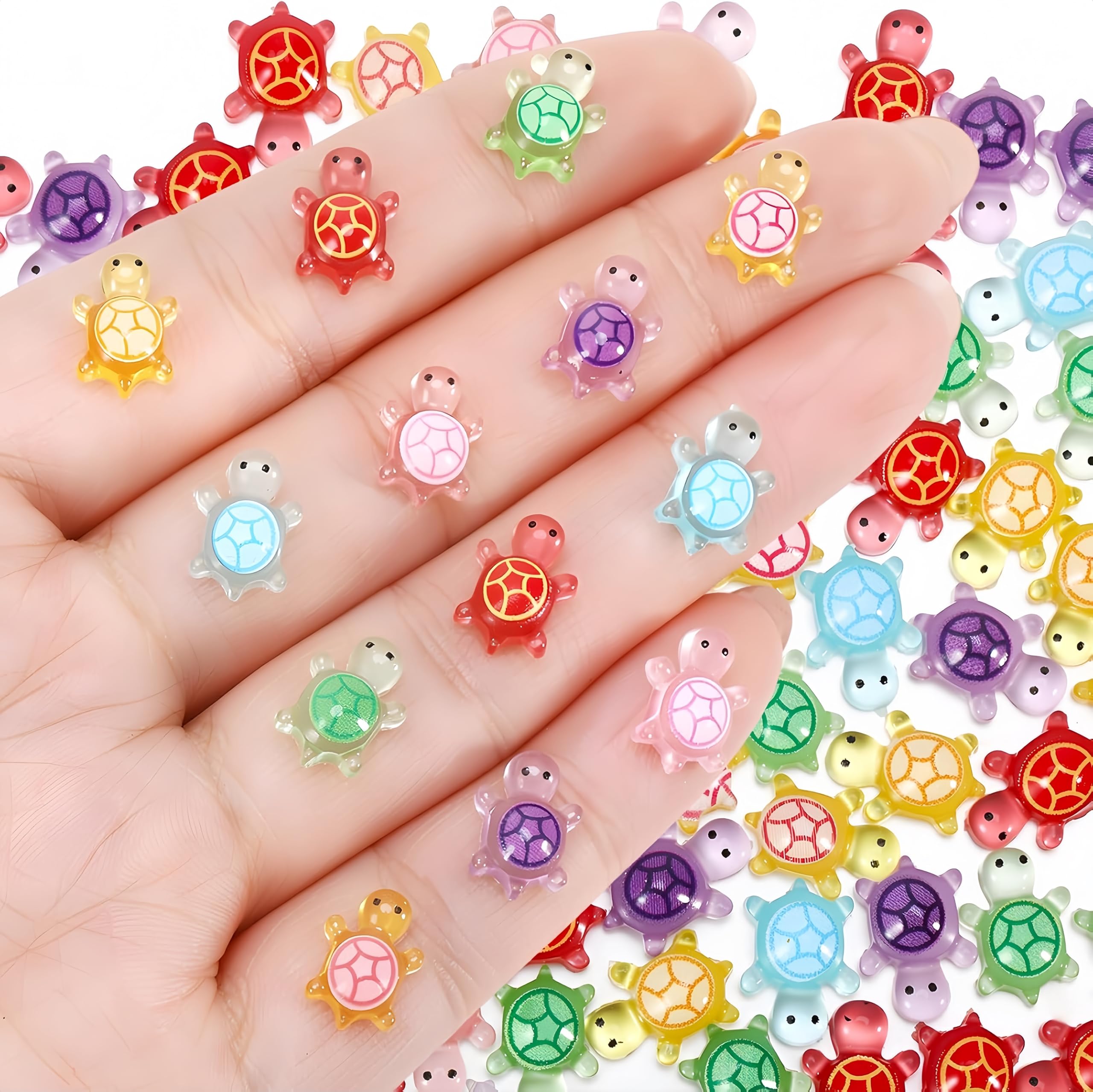 QIANSSE Luminous Mini Turtles, 200 Pcs Mini Resin Animals Glass Animals for DIY Aquarium Decor Resin Animals Mixed Set with Storage Box
