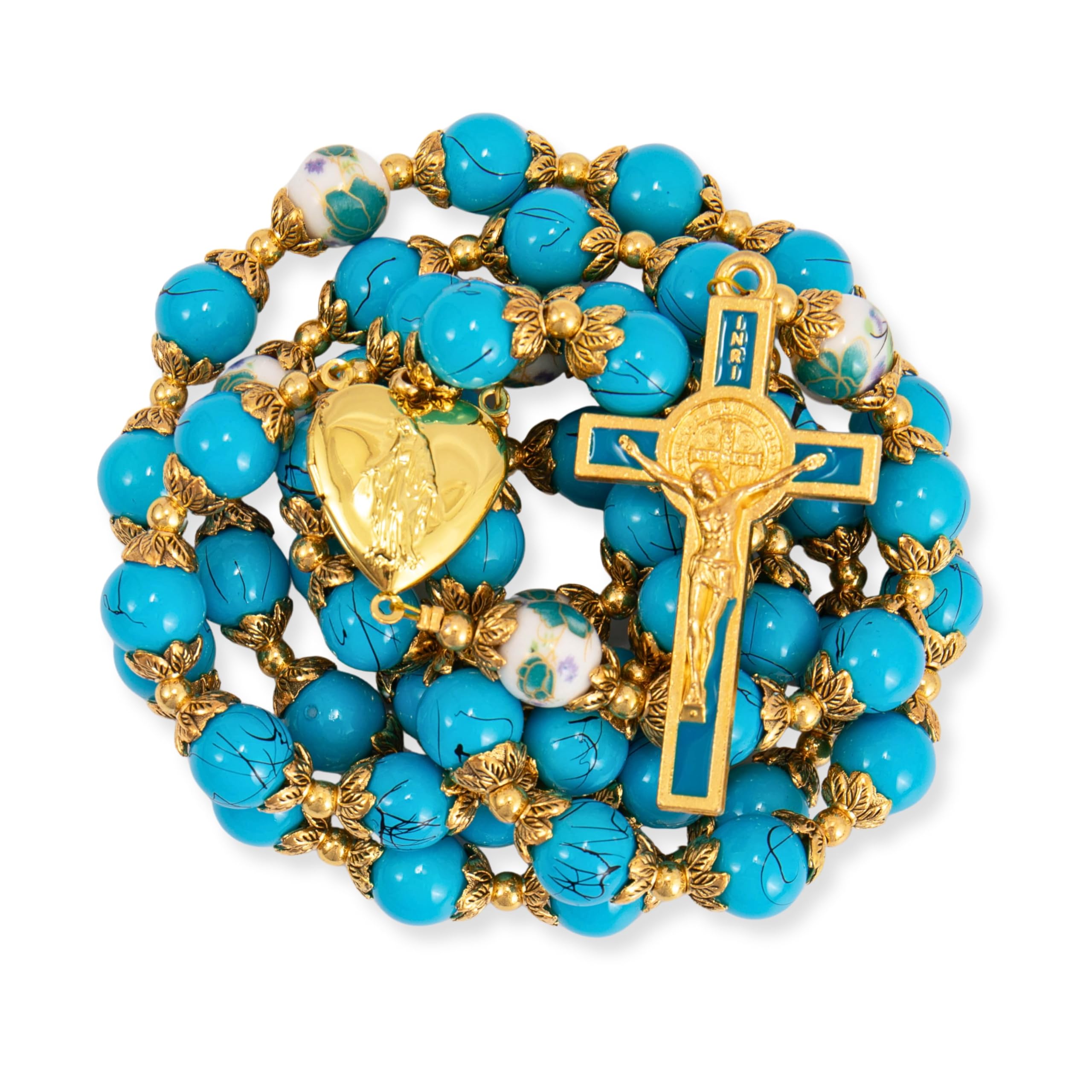 Nazareth Store Saint Benedict 10mm Glass Rosary Beads Catholic Necklace Flowers Mystery Bead Miraculous Medal Locket Cross Prayer Rosarios Catolicos Turquoise