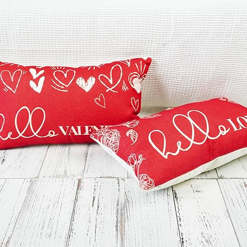 Miniatura 4 de ONWAY Juego de 2 fundas de almohada para el día de San Valentín de 12 x 20 pulgadas, decoración de corazón rosa con texto en inglés "Hello