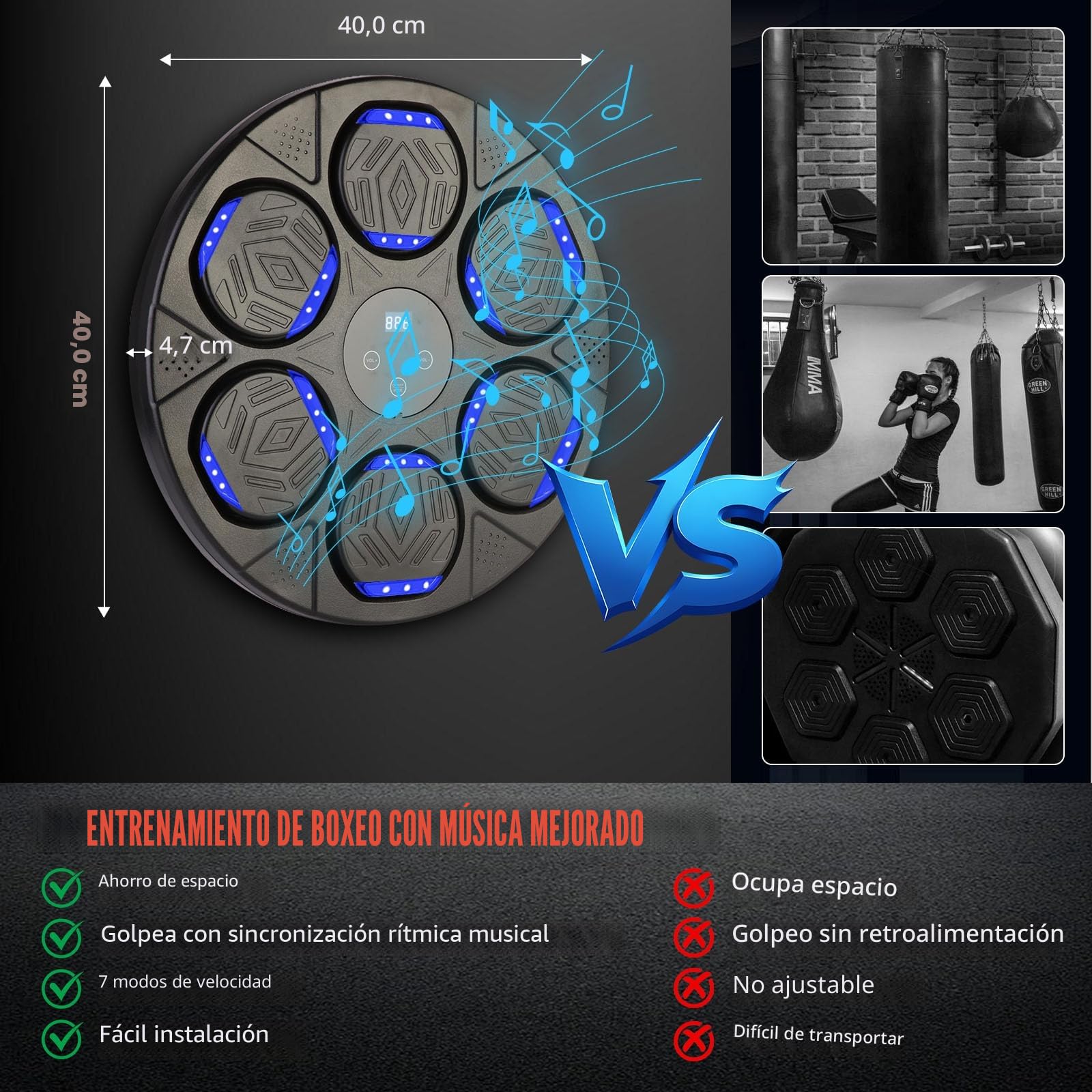 Máquina de Boxeo con Música, Máquina de Boxeo de Montaje en Pared, Entrenador de Boxeo Inteligente Bluetooth con Luz LED, 7 Modos de Velocidad, Guantes de Boxeo para Adultos y Niños para