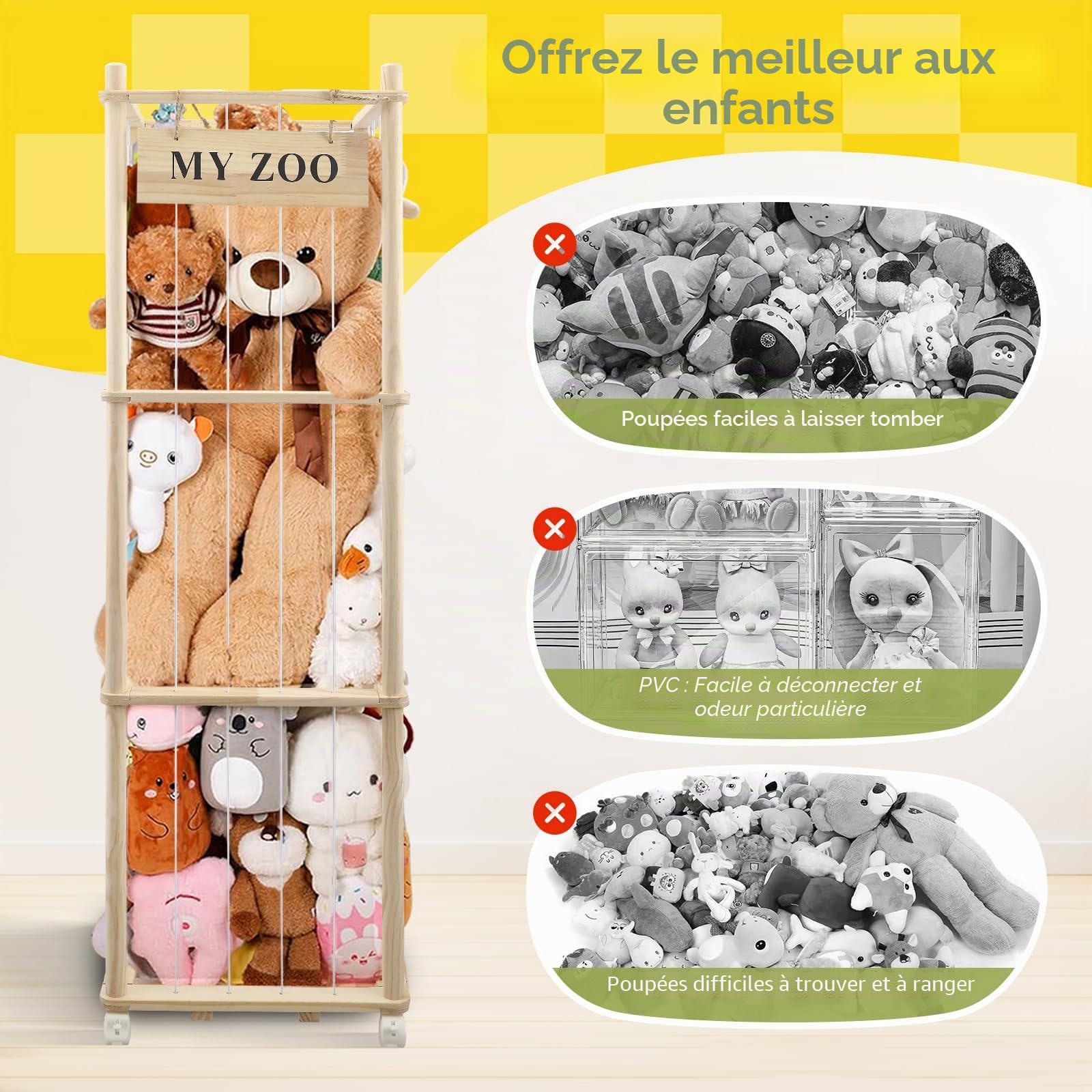 Rangement Peluche, Rangement Peluche Chambre Enfant De Freins 360° Grande Capacité, Range Peluche, économiser de L'espace, pour Salle de Jeux, Crèche, Chambre à Coucher, Chambre, 137 X 41 X 41 CM