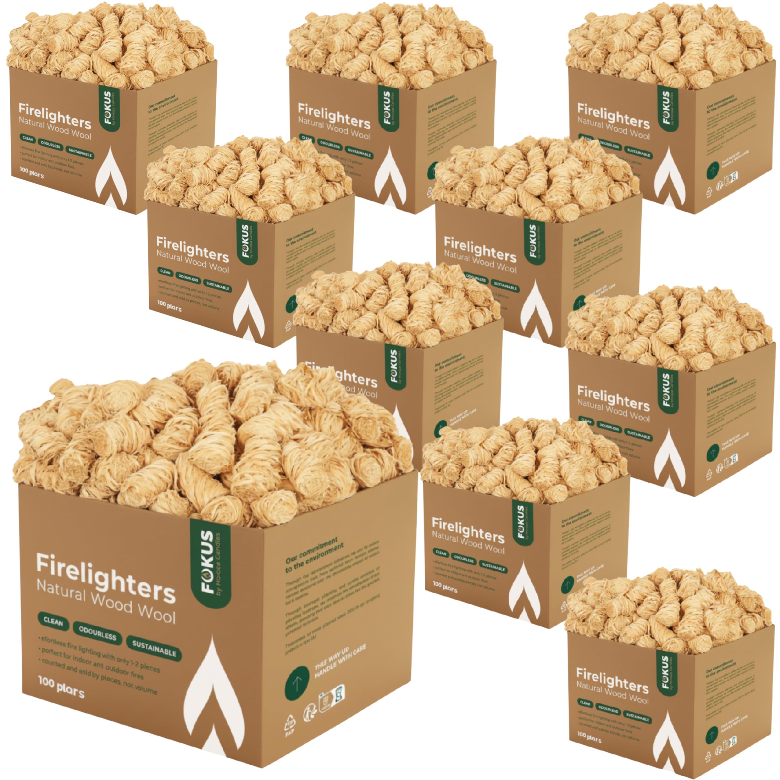 HORECA CANDLES Holzwolle Anzünder - 1000 Große Öko Feueranzünder & Anzündhilfe aus natürlicher Holzwolle - Geruchlos & Rauchfrei - Für Kamin, Grill, Ofen & Pizzaofen - Wasserfest & Nachhaltig