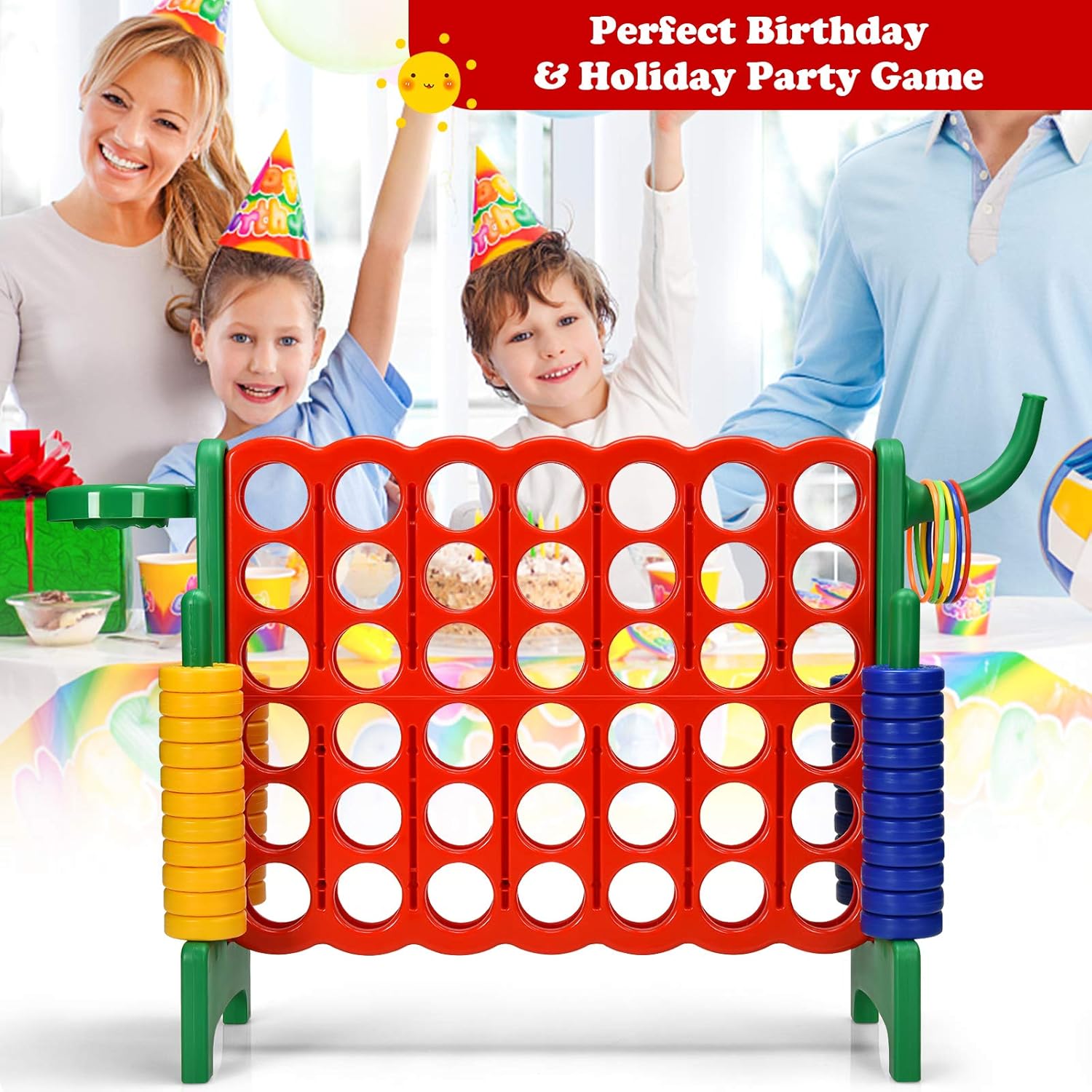 Costzon Giant 4-in-A-Row, Jumbo 4-to-Score Giant Game w/Basketball Hoop, Ring Toss, Quick-Release Slider, 42 Jumbo Rings, Indoor Outdoor Family Connect Game for Kids & Adults, Backyard Games, Green
