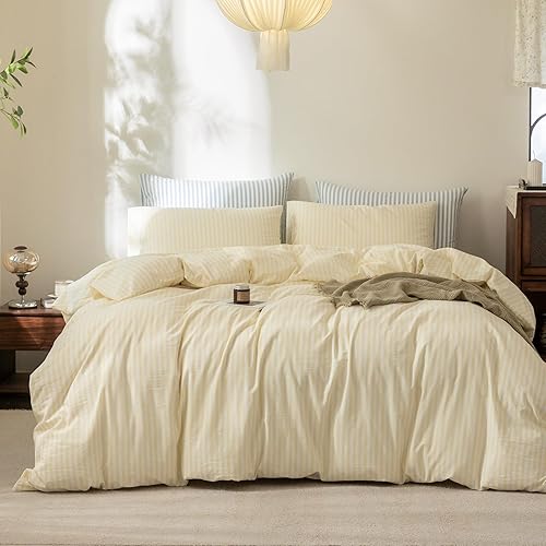 Miniatura 21 de FOSSA Juego de funda de edredón 100% algodón lavado, tacto súper suave, transpirable, acogedor, 3 piezas, juego de ropa de cama, color gris almendra