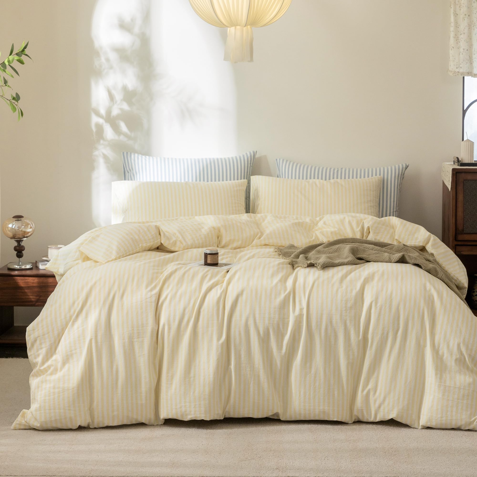 Photo 1 of FOSSA Washed Cotton Duvet Cover Set Queen - Pastel Yellow Stripes