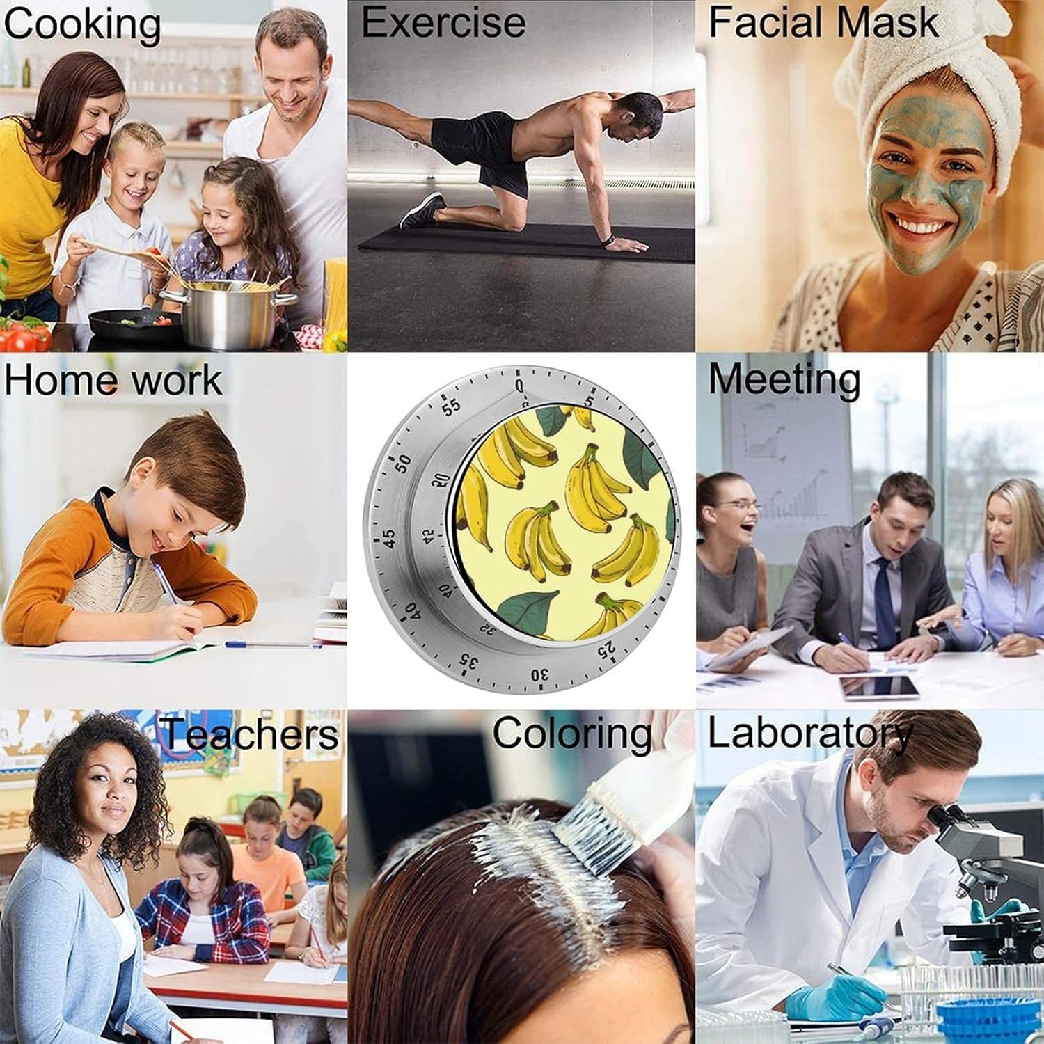 Banana Print Timer Stainless Steel Kitchen Timers Waterproof & Rust-Proof 60 Minute Mechanical Timer with Loud Alarm for Cooking, Baking, Fitness