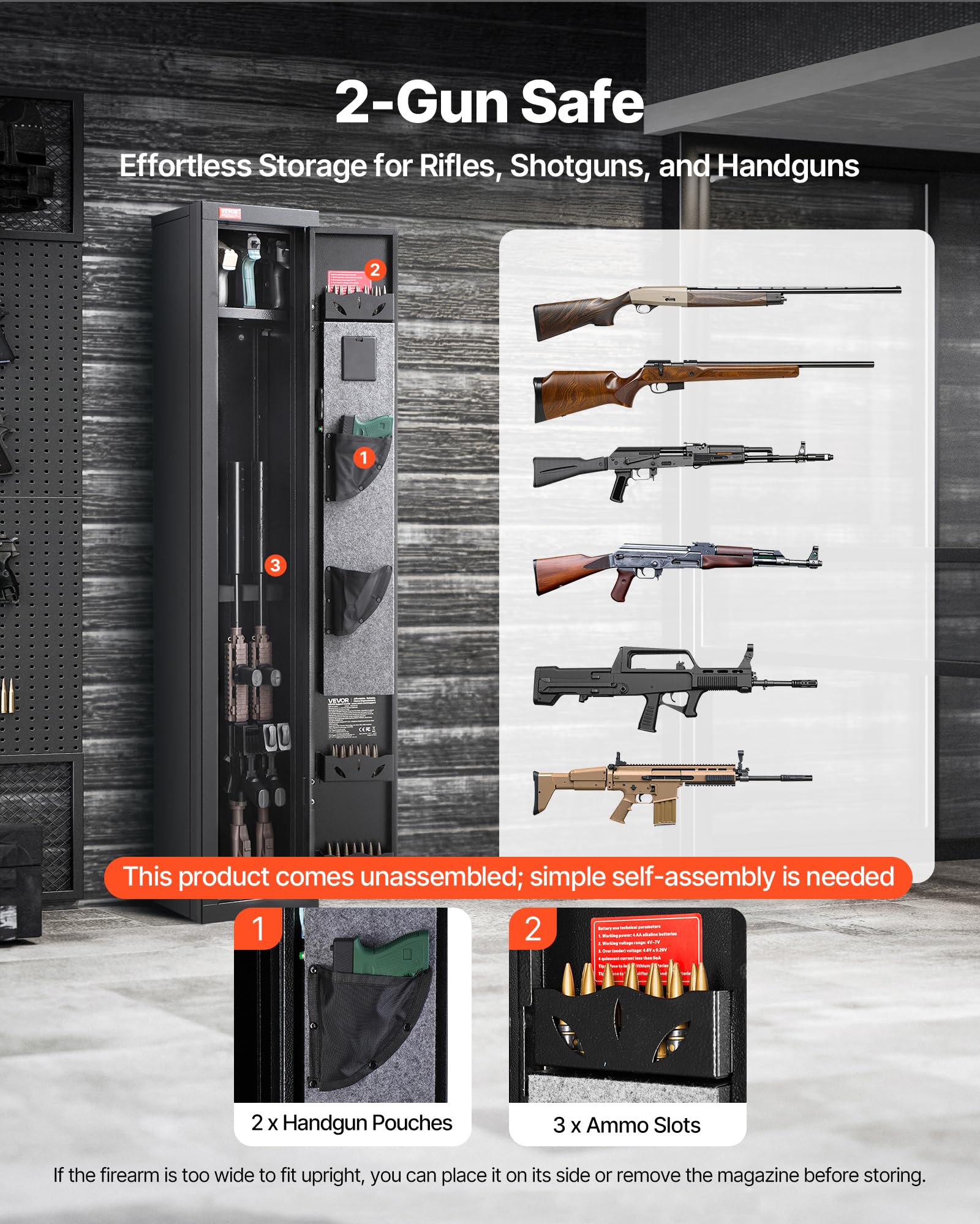 VEVOR Waffenschrank für 4 Langwaffen, Gewehrtresor mit 3 Magazin 2 verstellbaren Halterungen LED-Beleuchtung, Gewehrschrank mit Digitalem Tastenfeld Notfallschlüssel, Waffentresor für Pistolen Gewehre