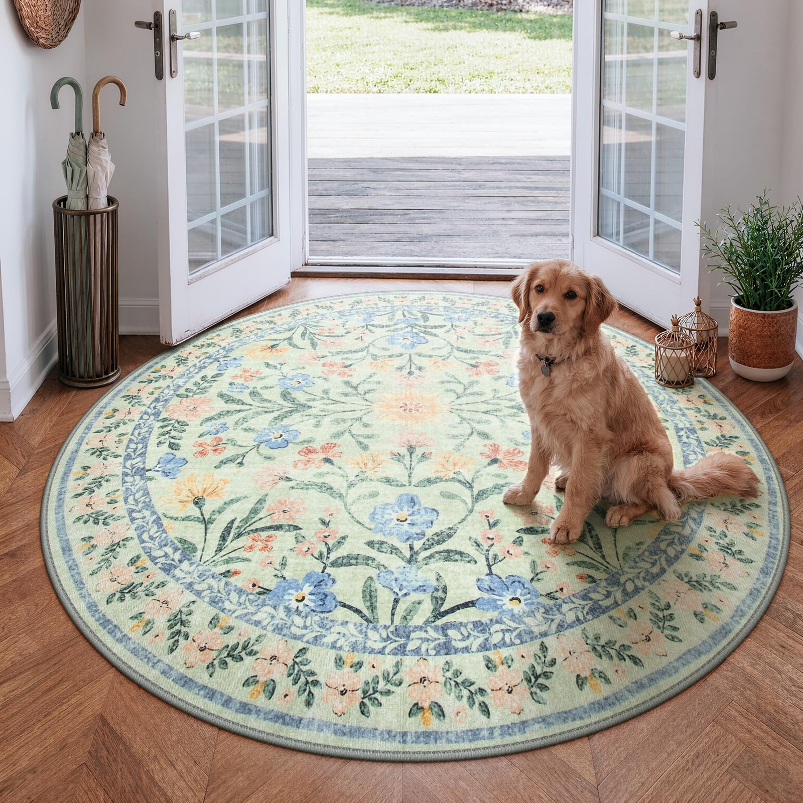 Wonnitar Washable Round Area Rug, 5ft Green Floral Round Rug Boho Soft Circle Carpet, Non Slip Low Pile Circle Accent Carpets for Kitchen Living Room Entryway Bedroom