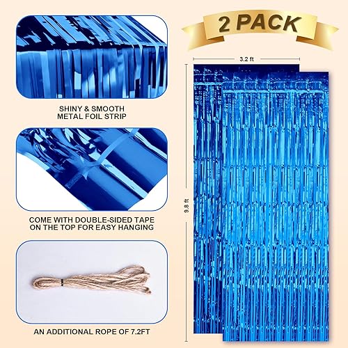 Miniatura 3 de Emart Paquete de 2 cortinas de fondo de flecos de papel de aluminio azul marino, 3.2 pies x 9.8 pies, cortina de oropel para decoración de fiestas,