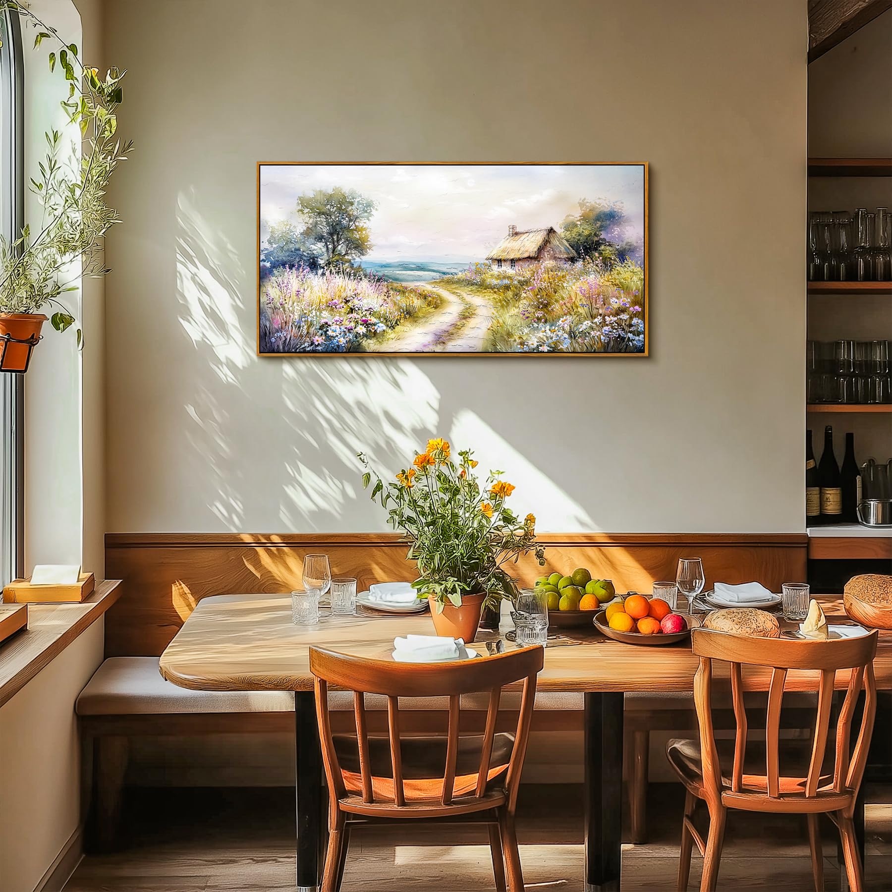 MHARTK66 Landweg Bilder Mit Rahmen Holz, Landschaft Leinwand Bild Aesthetic, 50x100 cm Groß Wandbilder Wohnzimmer, Modern Wanddeko Kunstdruck Schlafzimmer Esszimmer Flur Büro Küche Badezimmer