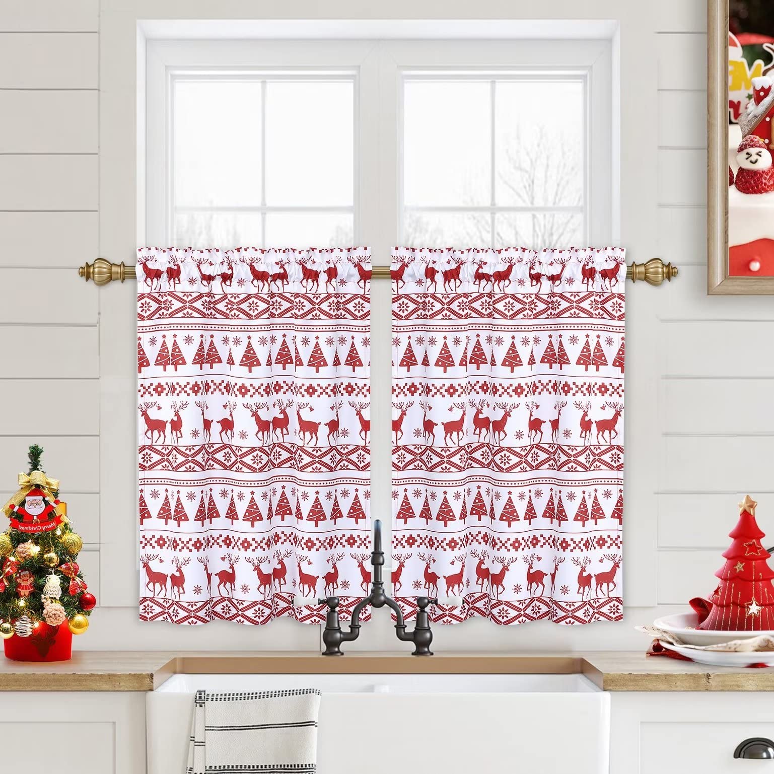 GlowSol Christmas Short Curtains 36 Inch Length - Rod Pocket Cafe Curtains Vintage Velvet Xmas Snowflakes Christmas Reindeer Christmas Tree Decorative Kitchen Curtain Tiers, 2 Panels, 26" W, White