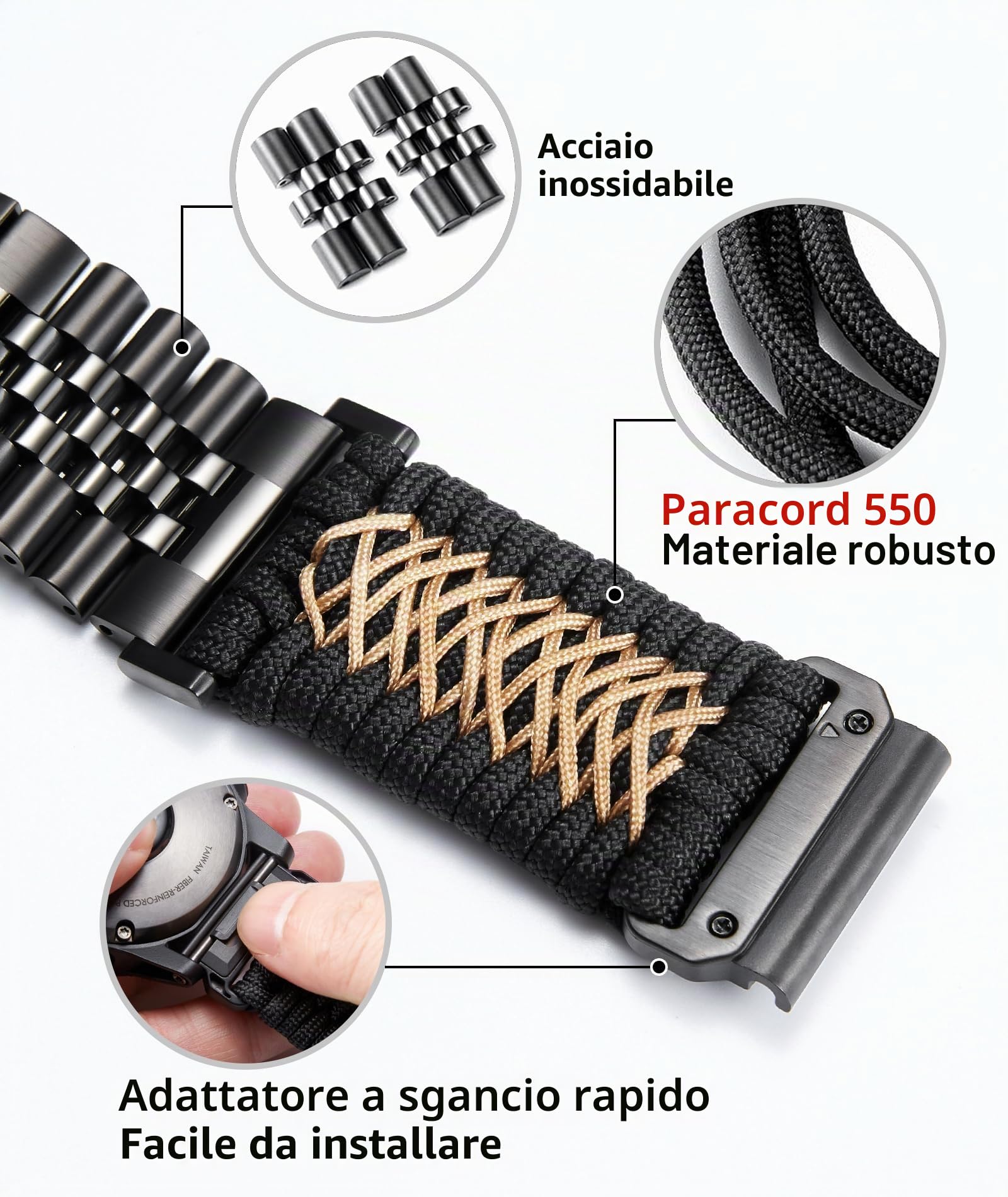 BINLUN Compatibile con Garmin Cinturino 22mm 26mm Paracord 550 Intrecciato Acciaio Cinturini per Orologio Nero Kaki Compatibile con Quickfit Compatibile con Fenix ​​Compatibile con Forerunner