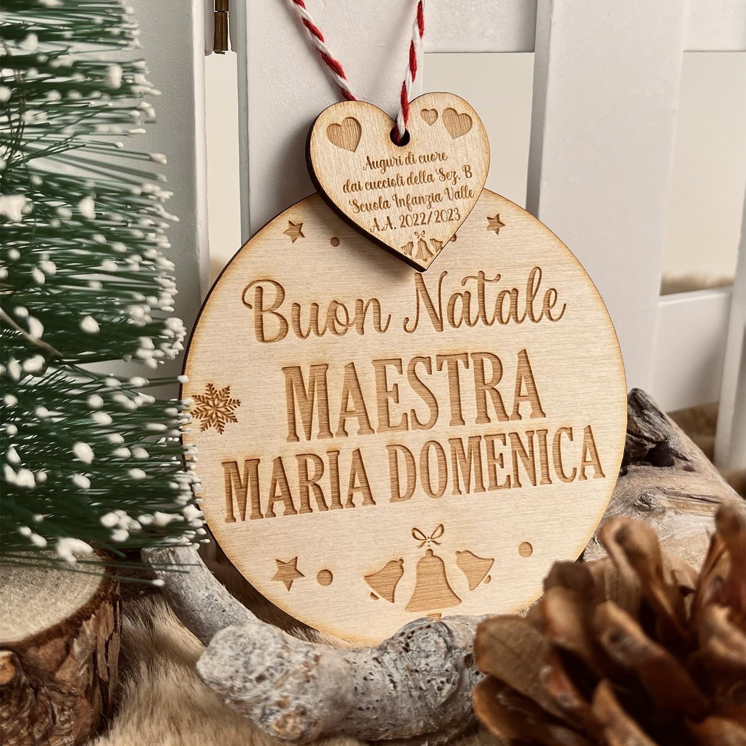 Palline di Natale di Legno Idea Regalo Maestra Personalizzate da appendere all'albero
